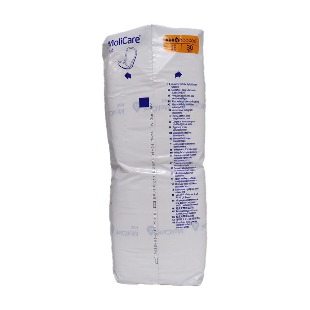 MoliCare Pad-Verpackung, Seitenansicht. Produktbezeichnung und Logos. Text in mehreren Sprachen.
