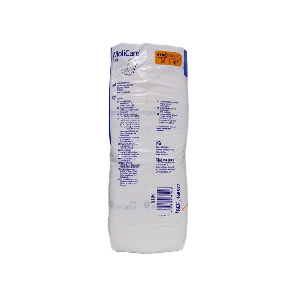 MoliCare Pad-Verpackung, Rückseite. Produktbezeichnung und Logos. Text in mehreren Sprachen.