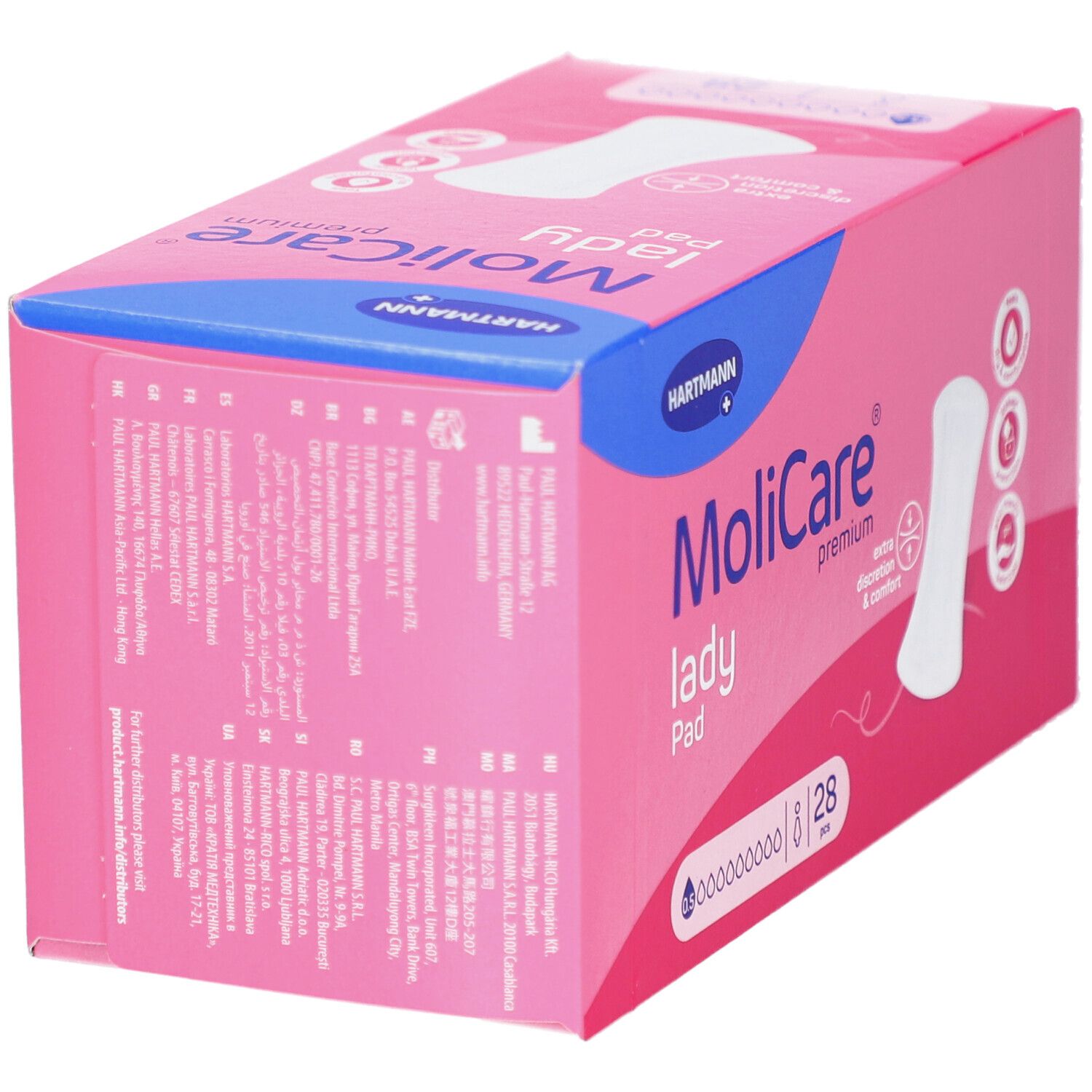 Rosa Verpackung MoliCare Lady Pad. Enthält 28 Stück. Hartmann Logo. Text in mehreren Sprachen.