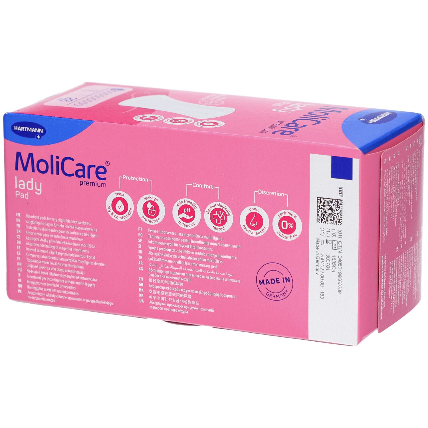 Rosa Verpackung MoliCare Lady Pad. Enthält 28 Stück. Hartmann Logo. Made in Germany.