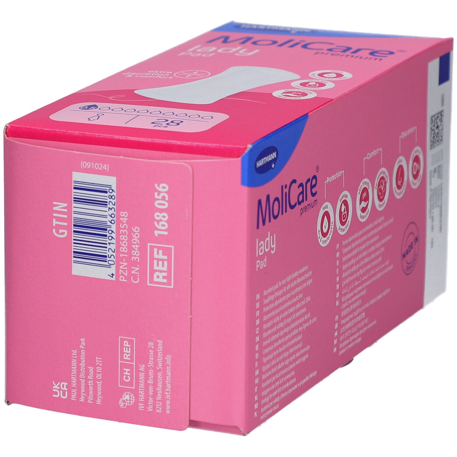 Rosa Verpackung MoliCare Lady Pad. Enthält 28 Stück. Hartmann Logo. GTIN und REF.