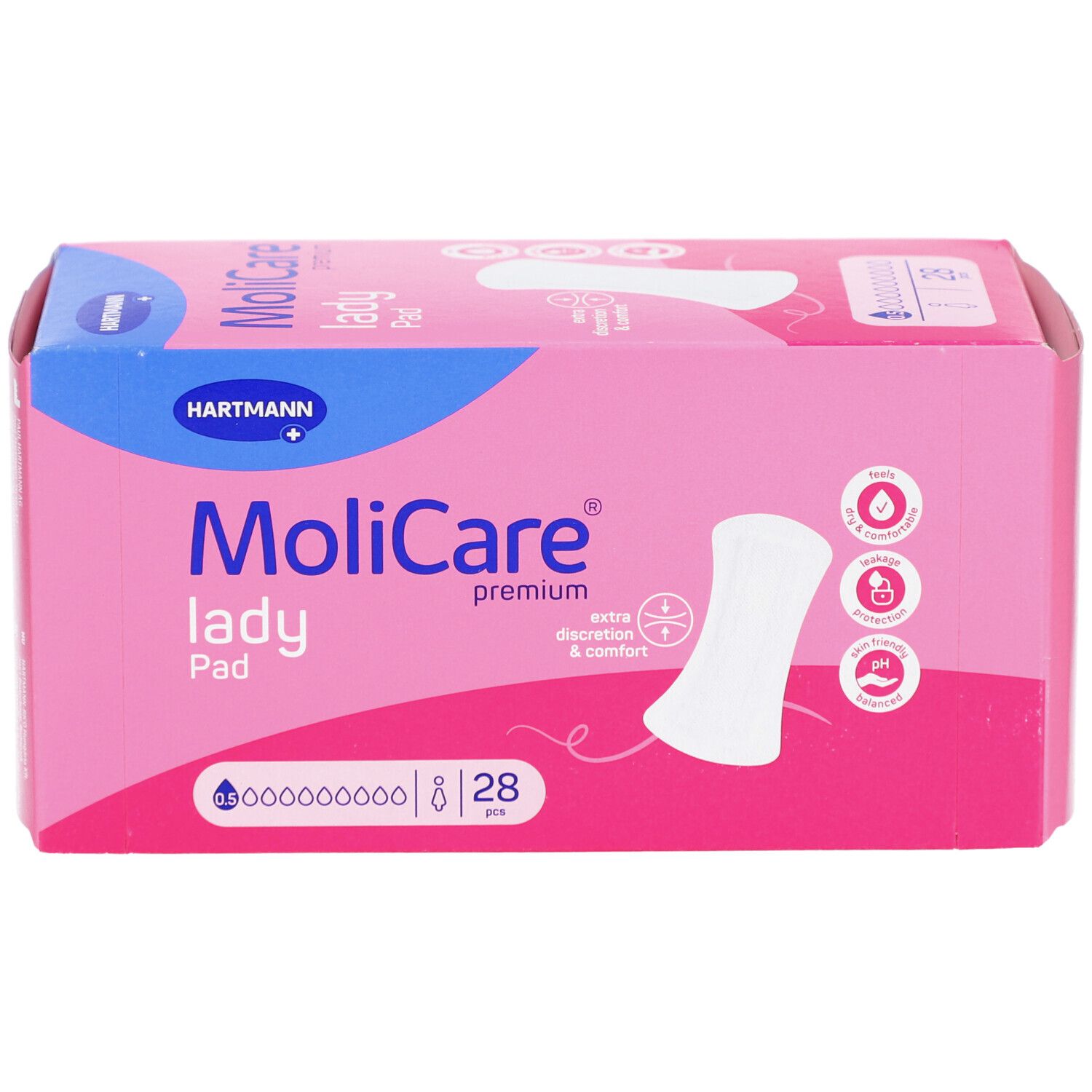 Rosa Kartonverpackung MoliCare Lady Pad. Enthält 28 Stück. Hartmann Logo. Produktabbildung.