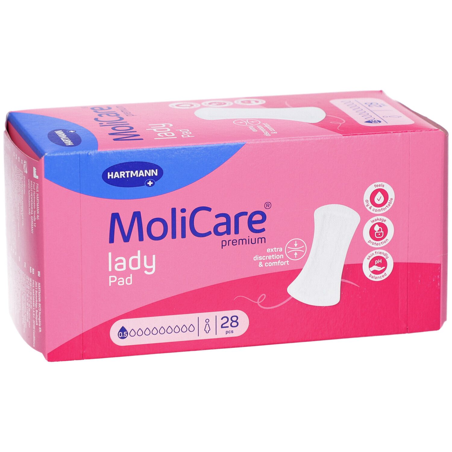 Rosa Verpackung MoliCare Lady Pad. Enthält 28 Stück. Hartmann Logo. Produktabbildung.