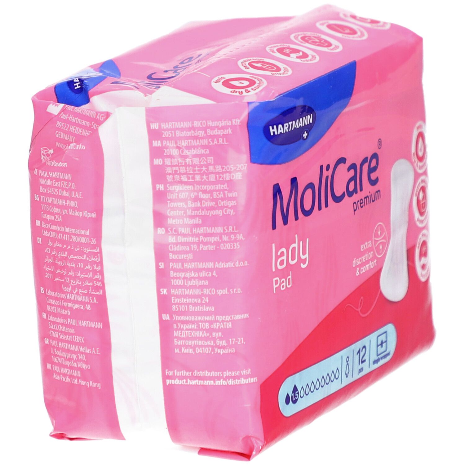 Rosa Verpackung MoliCare lady Pad. Logo Hartmann. Rückseite mit Texten in verschiedenen Sprachen. 12 Stück, einzeln verpackt.