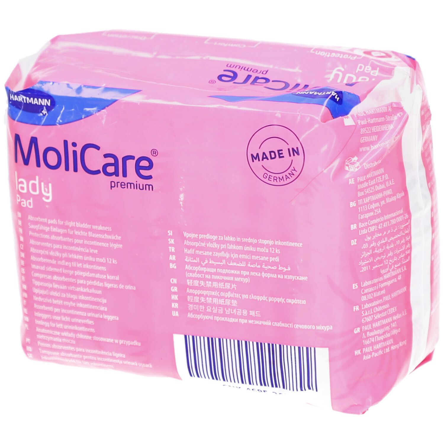 Rosa Verpackung MoliCare lady Pad. Logo Hartmann. Aufschrift: Made in Germany. Rückseite mit Texten in verschiedenen Sprachen.