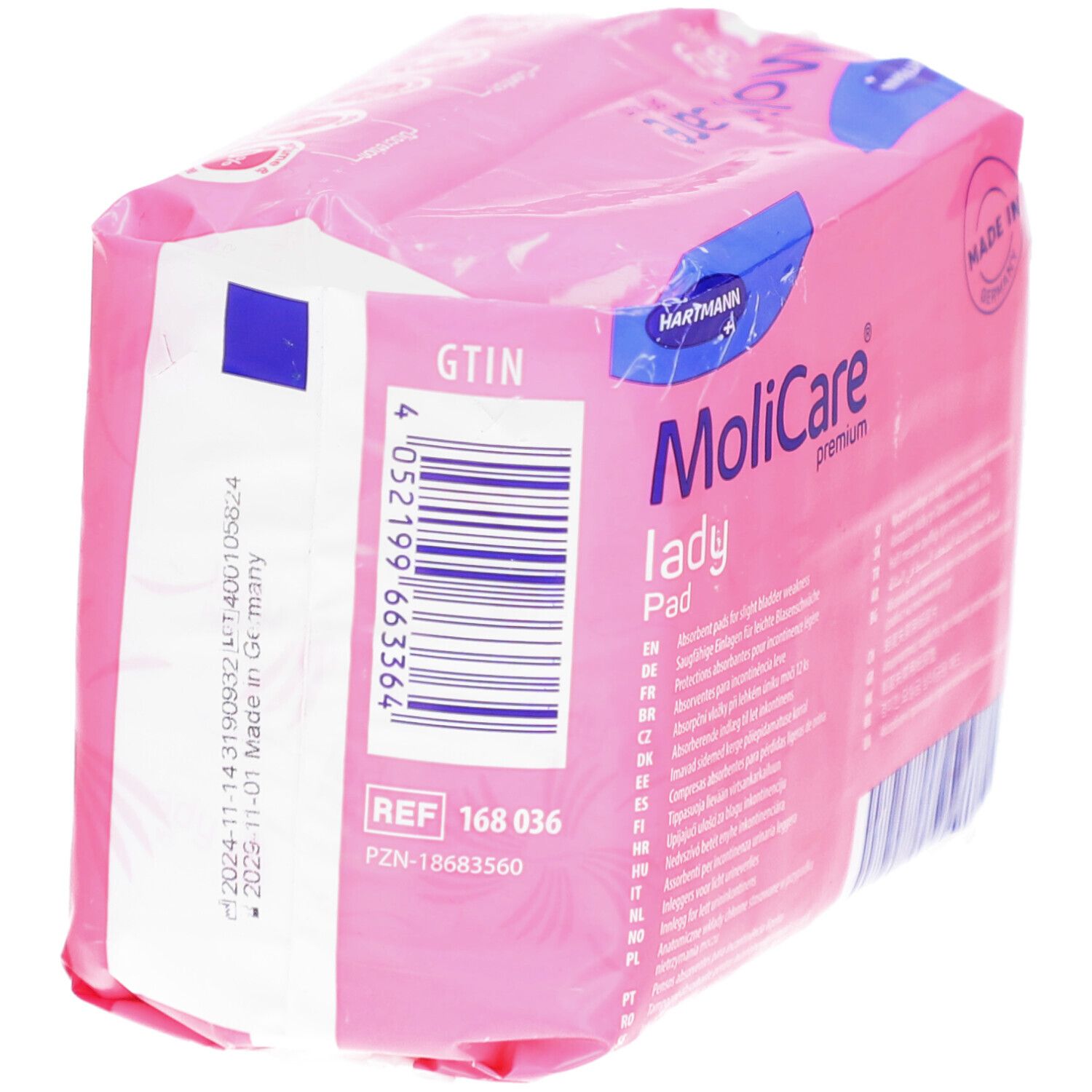 Rosa Verpackung MoliCare lady Pad. Logo Hartmann. Barcode und weitere Informationen. Aufschrift: Made in Germany.