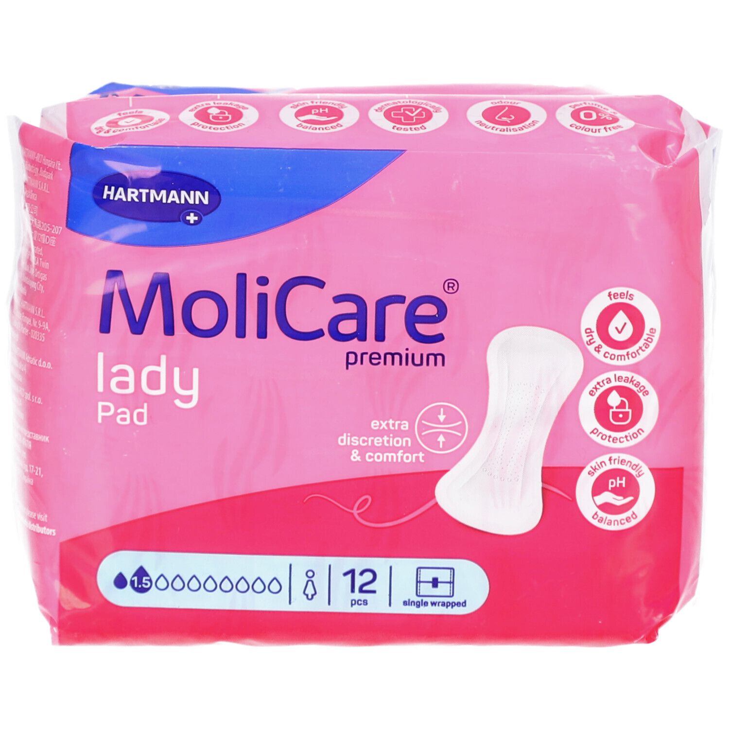 Rosa Verpackung MoliCare lady Pad. 12 Stück, einzeln verpackt. Logo Hartmann. Eigenschaften: extra Diskretion & Komfort, pH-hautfreundlich.