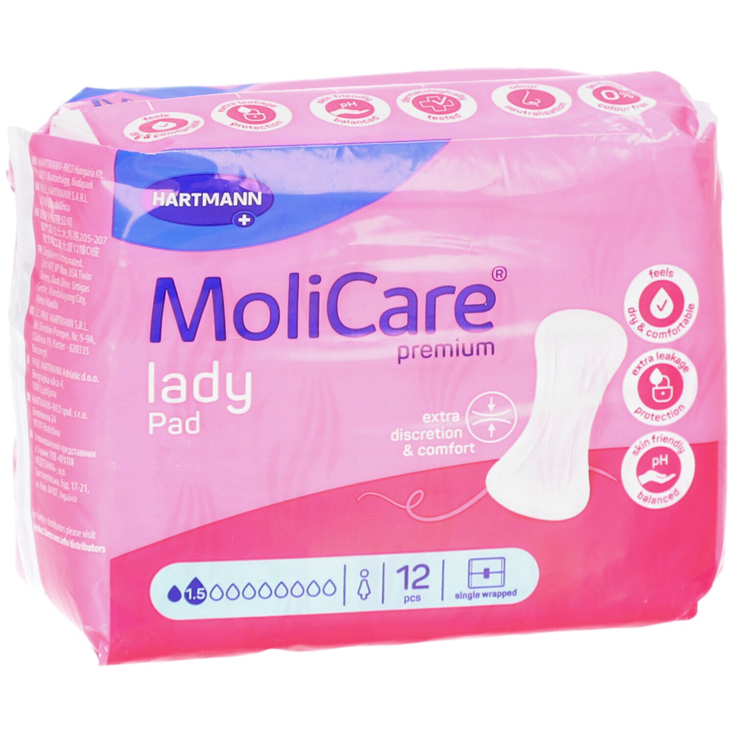 Rosa Verpackung MoliCare lady Pad. 12 Stück, einzeln verpackt. Logo Hartmann. Eigenschaften: extra Diskretion & Komfort, pH-hautfreundlich.