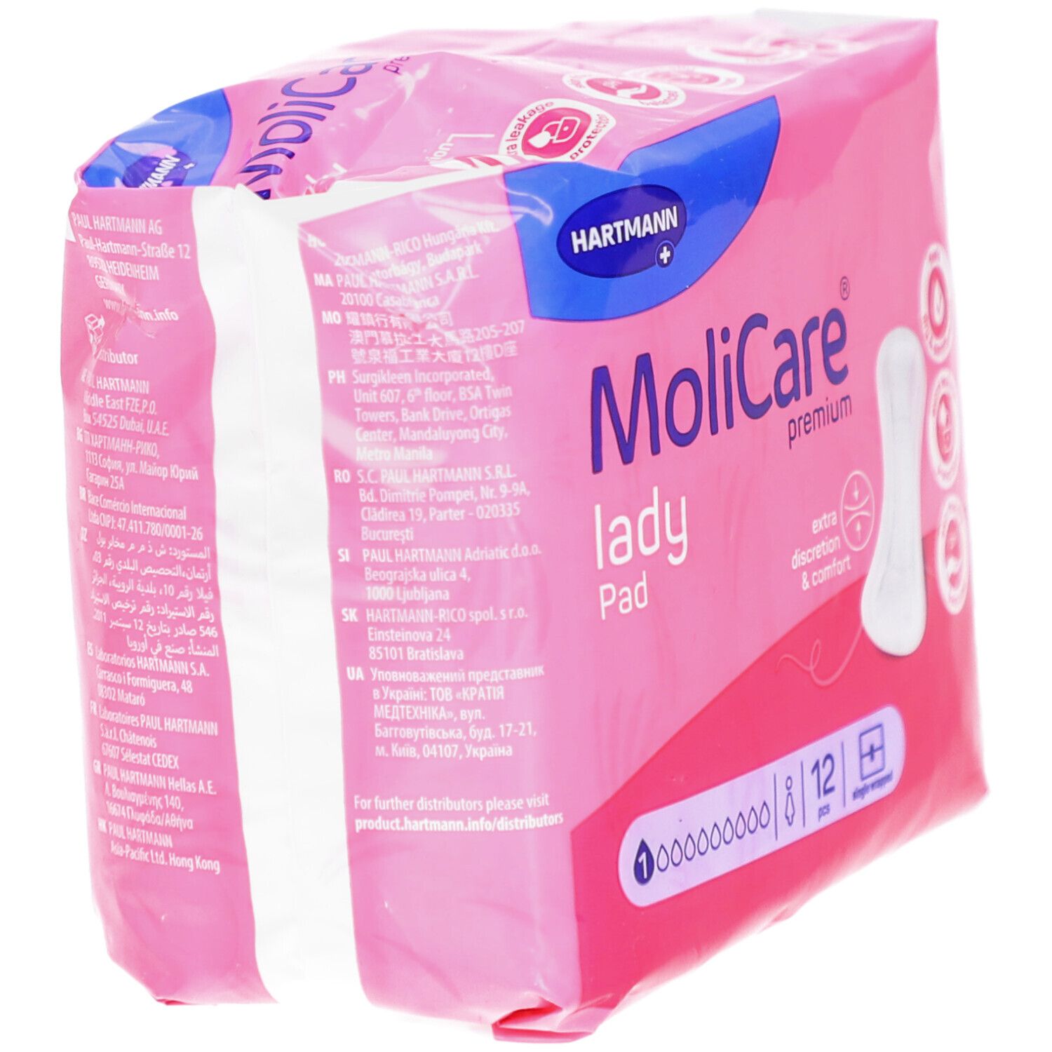 Rosa Verpackung MoliCare lady Pad. Logos: Hartmann, extra Diskretion & Komfort. 12 Stück. Text in mehreren Sprachen.