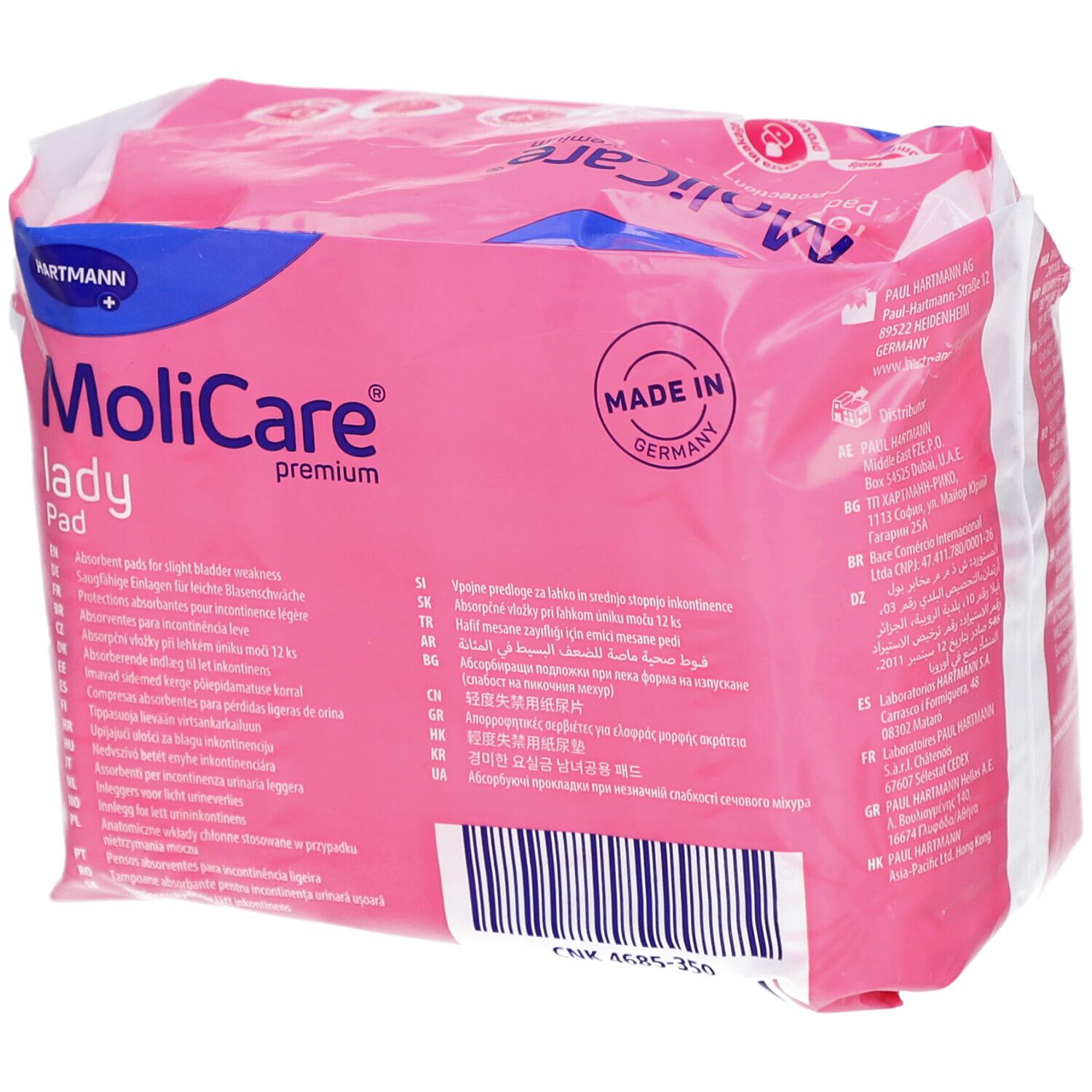 Rosa Verpackung MoliCare lady Pad. Aufdruck: Made in Germany. Text in mehreren Sprachen. 12 Stück.