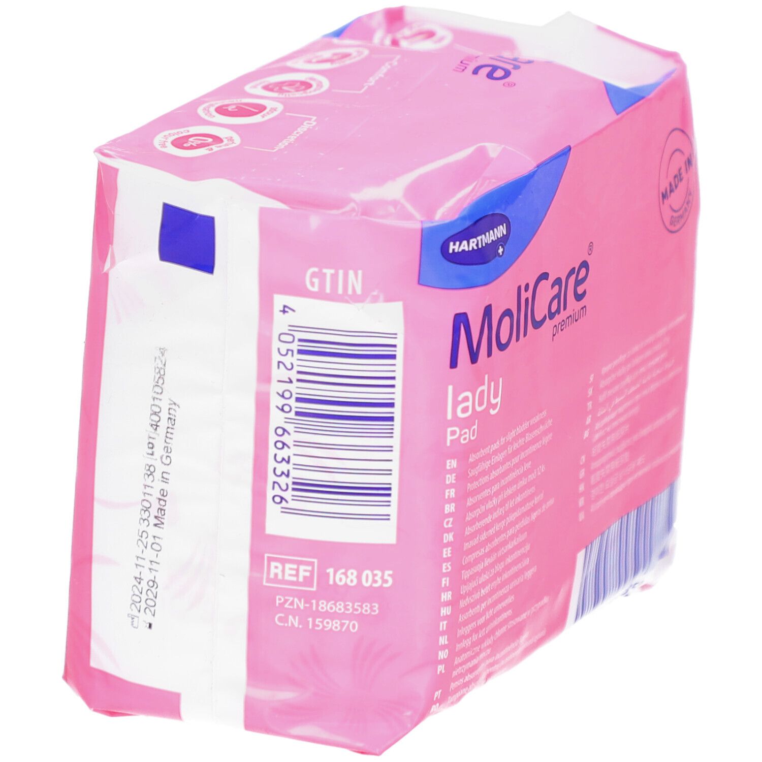 Rosa Verpackung MoliCare lady Pad. Ref 168 035. GTIN-Code. Lot- und Verfallsdatum. Logo: Hartmann.