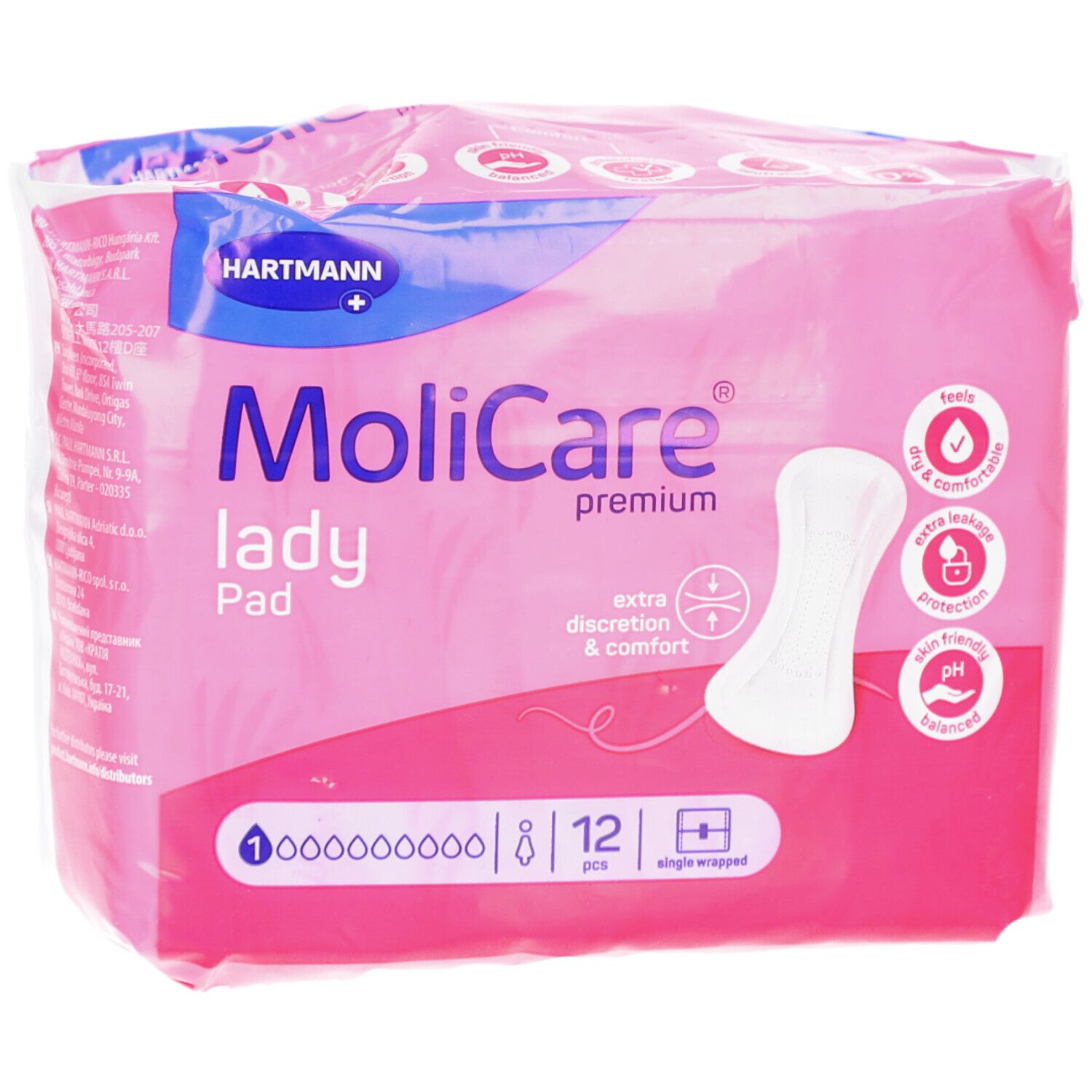Rosa Verpackung MoliCare lady Pad. 12 Stück, einzeln verpackt. Logos: Hartmann, pH-ausgewogen, extra Diskretion.