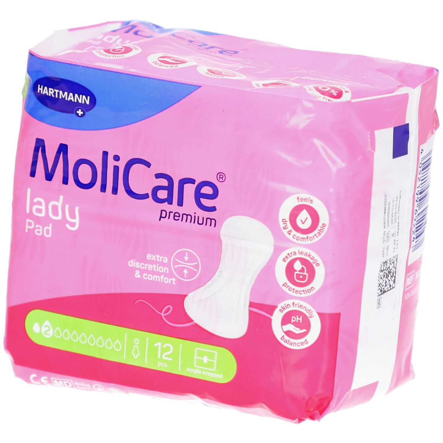 Rosa Verpackung mit MoliCare lady Pad. 12 Stück. Extra Diskretion & Komfort. Trocken & komfortabel. Hautfreundlich.