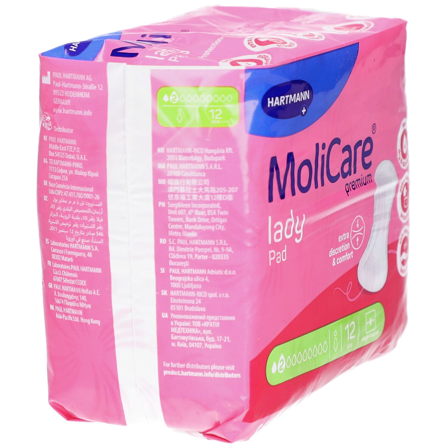 Rosa Verpackung MoliCare lady Pad. 12 Stück. Text in mehreren Sprachen. Hartmann Logo. Produktinformationen.
