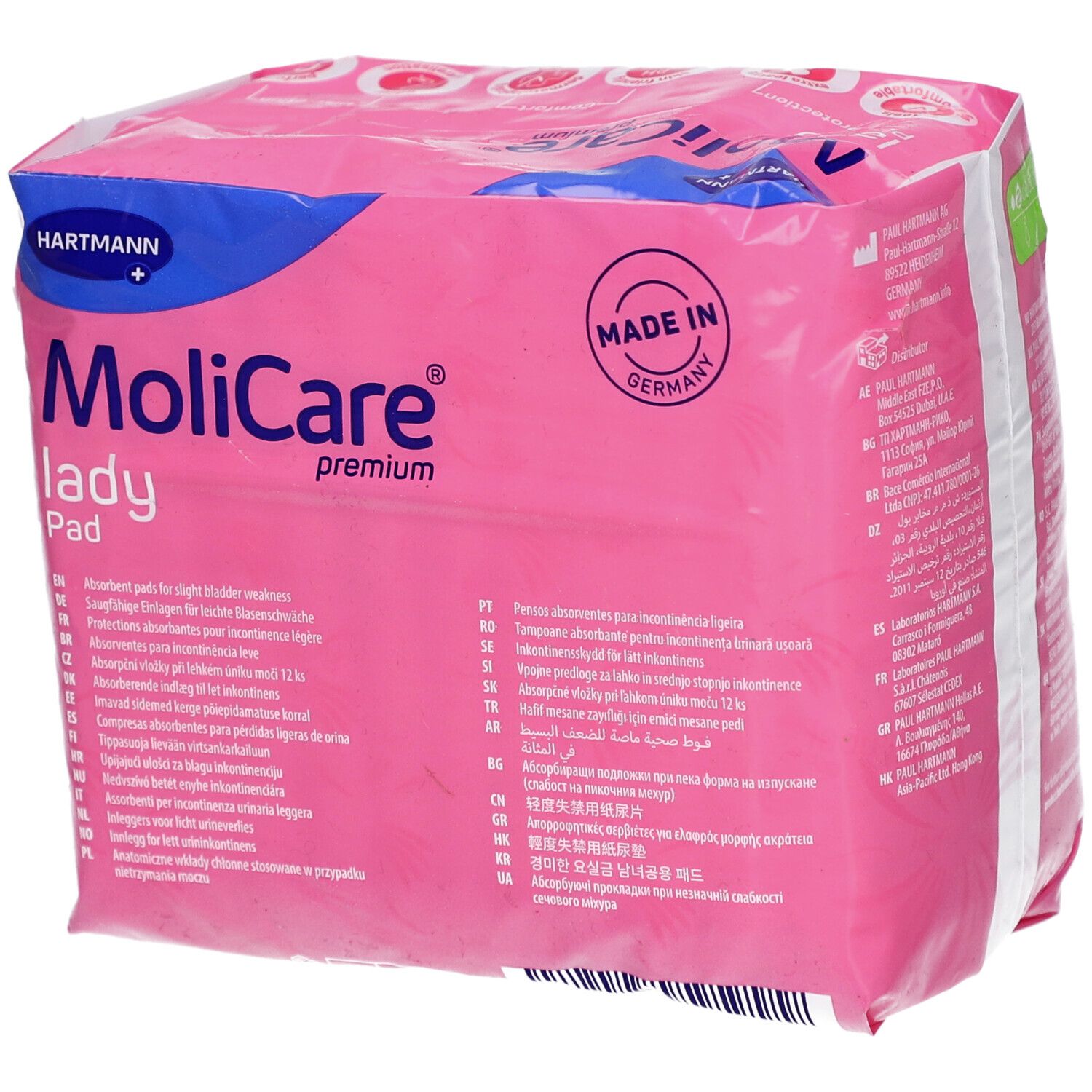 Rosa Verpackung MoliCare lady Pad. 12 Stück. Made in Germany. Text in mehreren Sprachen. Hartmann Logo.