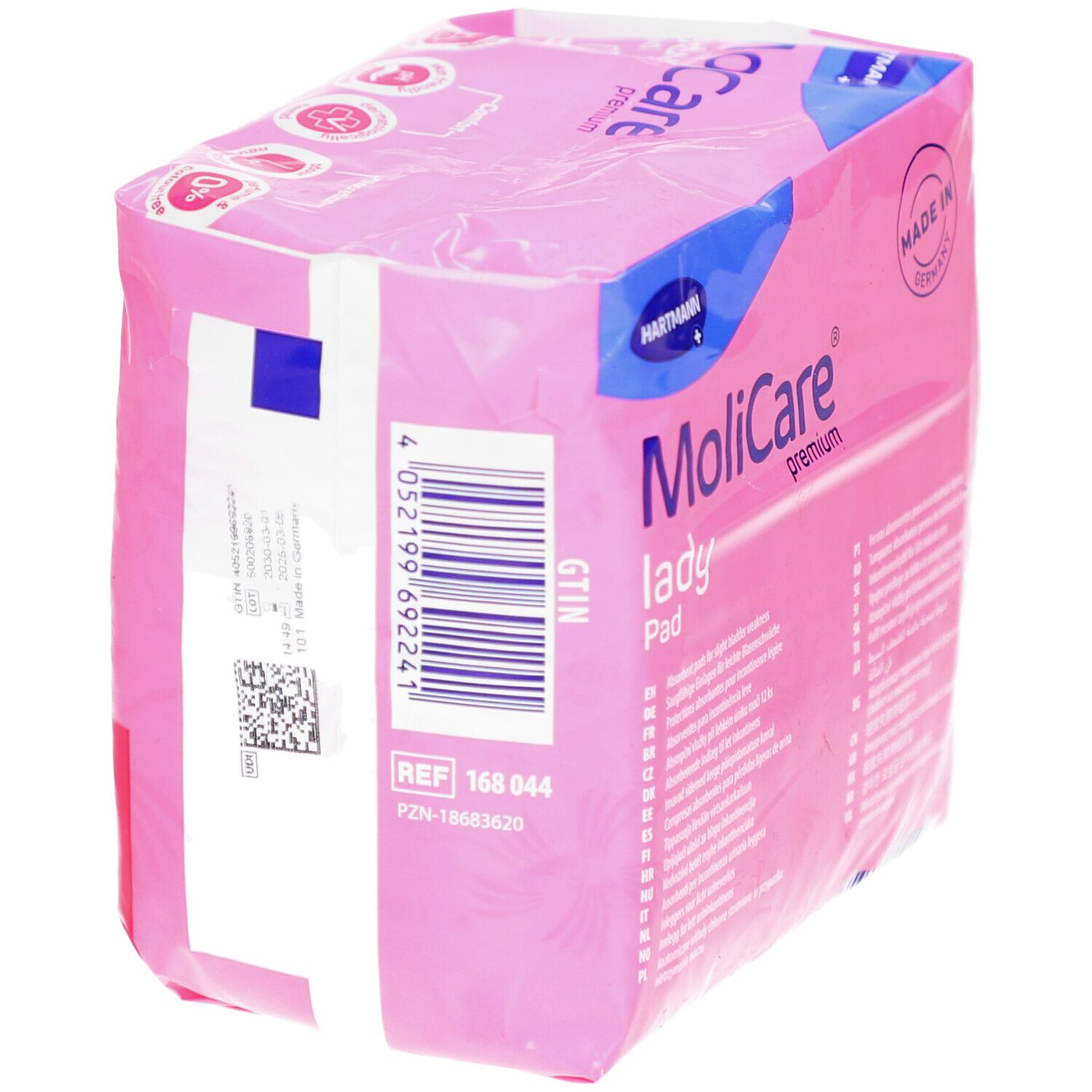 Rosa Verpackung MoliCare lady Pad. Barcode. Ref. 168 044. PZN-1643635. Hartmann Logo. Made in Germany.