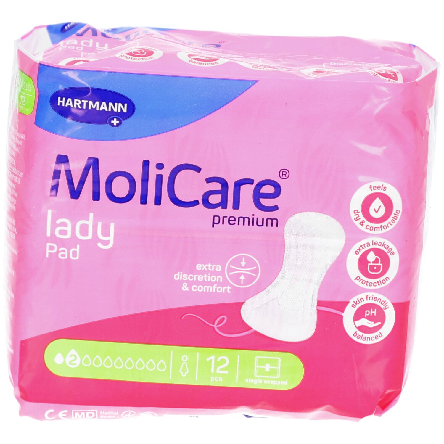 Rosa Verpackung MoliCare lady Pad. 8 Tropfen. 12 Stück. Extra Diskretion & Komfort. Trocken & komfortabel. Hautfreundlich.