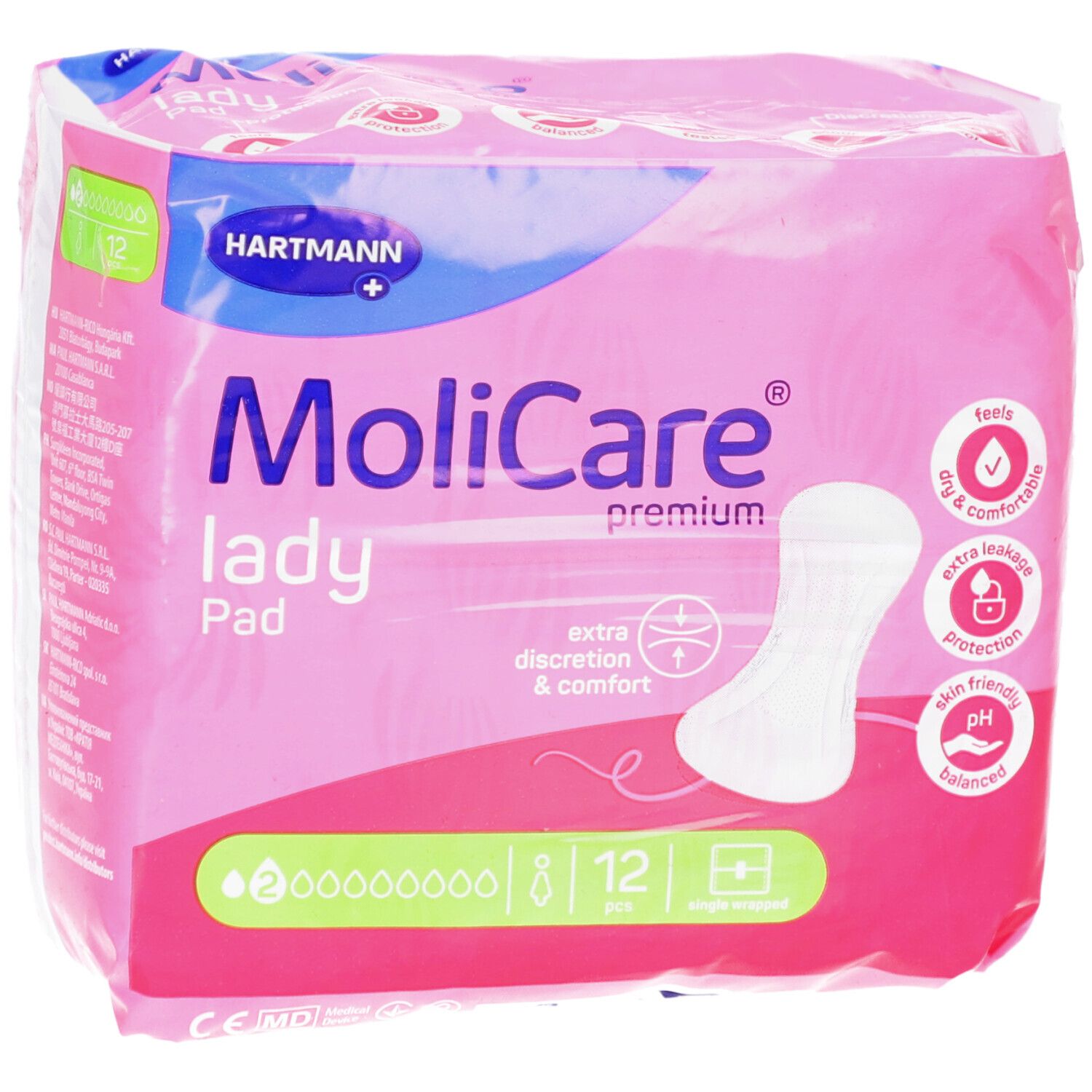 Rosa Verpackung MoliCare lady Pad. 8 Tropfen. 12 Stück. Extra Diskretion & Komfort. Trocken & komfortabel. Hautfreundlich.