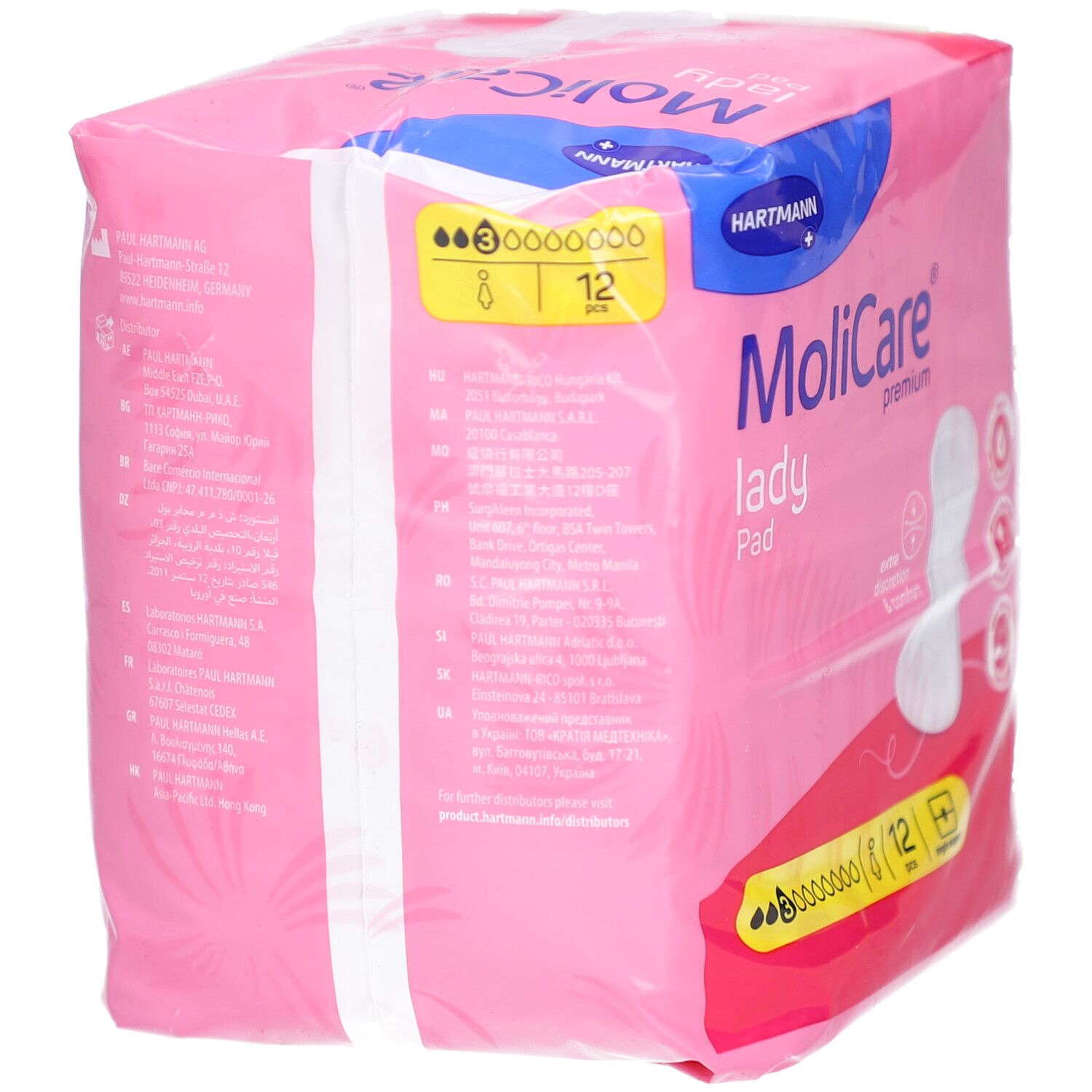Rosa Verpackung von MoliCare® Premium Lady Pad. Rückseite mit Produktinformationen und Logo. Enthält 12 Stück.