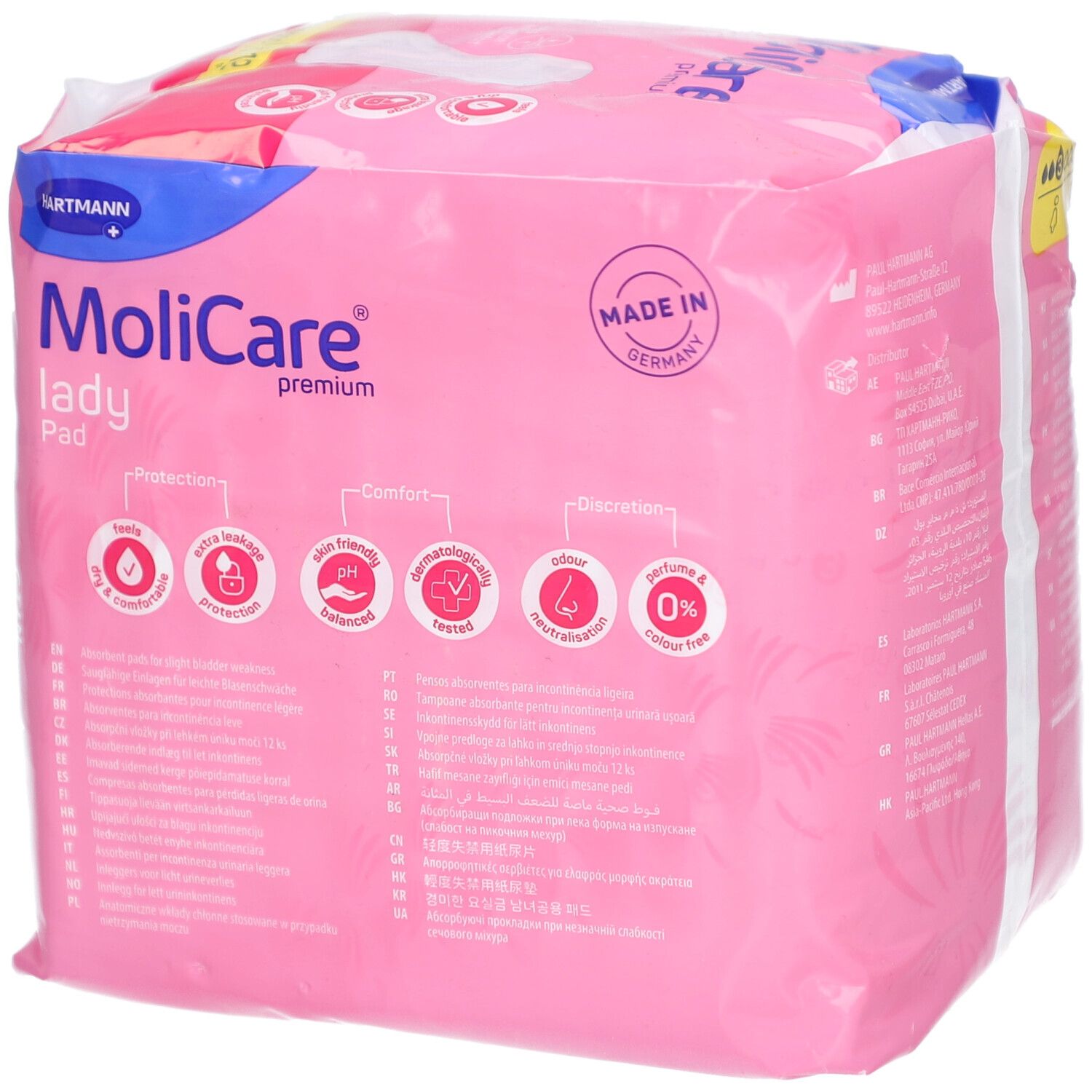 Rosa Verpackung von MoliCare® Premium Lady Pad. Enthält 12 Stück. Mit Logos für Schutz, Komfort und pH-Wert.