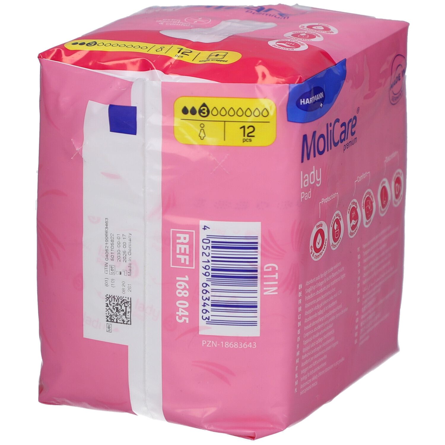 Rosa Verpackung von MoliCare® Premium Lady Pad. Rückseite mit Produktinformationen und Barcode. Enthält 12 Stück.