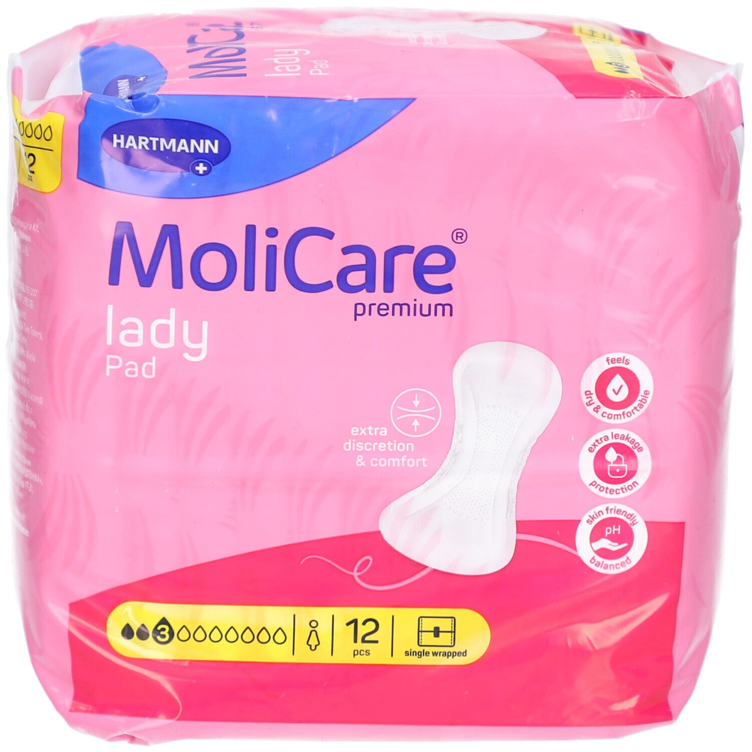 Rosa Verpackung von MoliCare® Premium Lady Pad. Enthält 12 einzeln verpackte Einlagen. Marke und Produktname sichtbar.