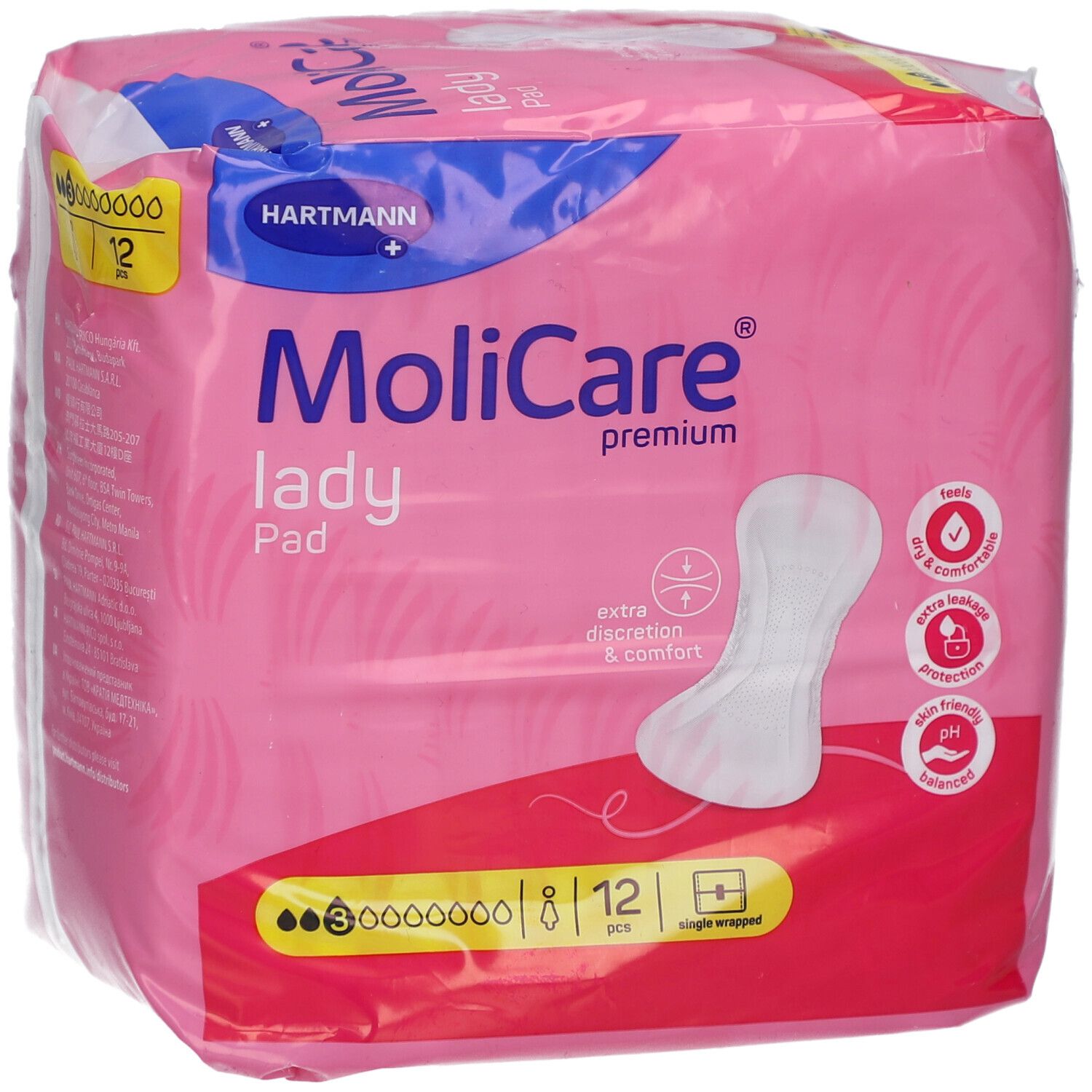 Rosa Verpackung von MoliCare® Premium Lady Pad. Enthält 12 einzeln verpackte Einlagen. Marke und Produktname sichtbar.