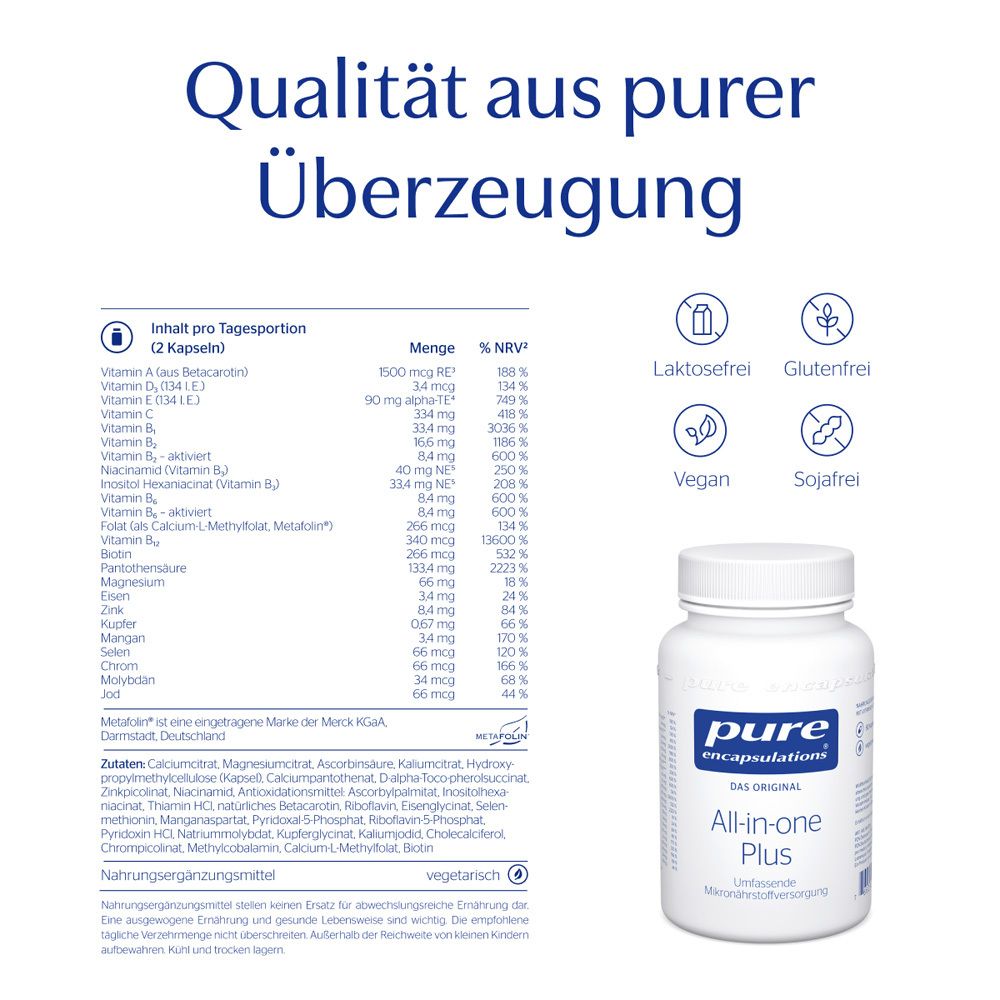 Weiße Flasche mit blauem Etikett. Aufschrift: pure encapsulations, All-in-one Plus. Nährwerttabelle.