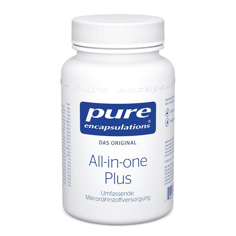 Weiße Flasche mit blauem Etikett. Aufschrift: pure encapsulations®, All-in-one Plus, umfassende Mikronährstoffversorgung.