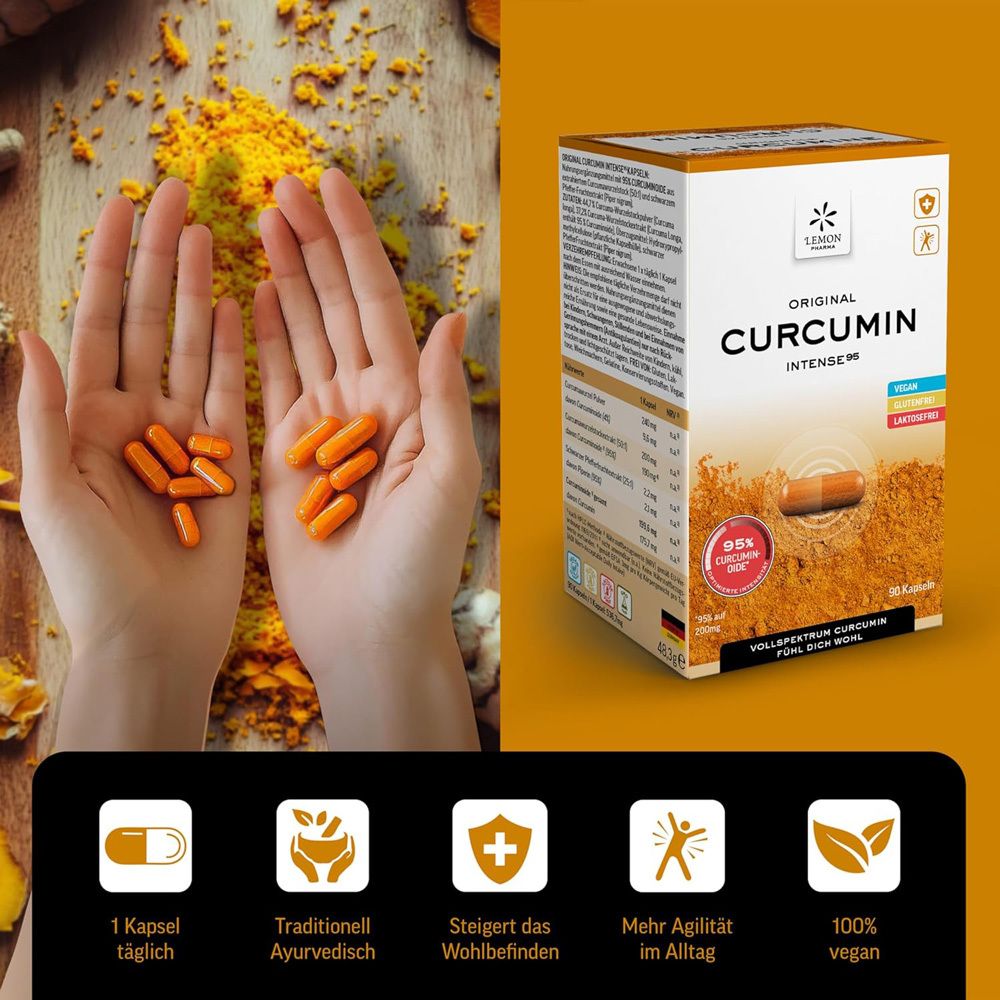 Hände mit Kapseln und Produktverpackung. Lemon Pharma Original Curcumin Intense 95. 100% vegan.