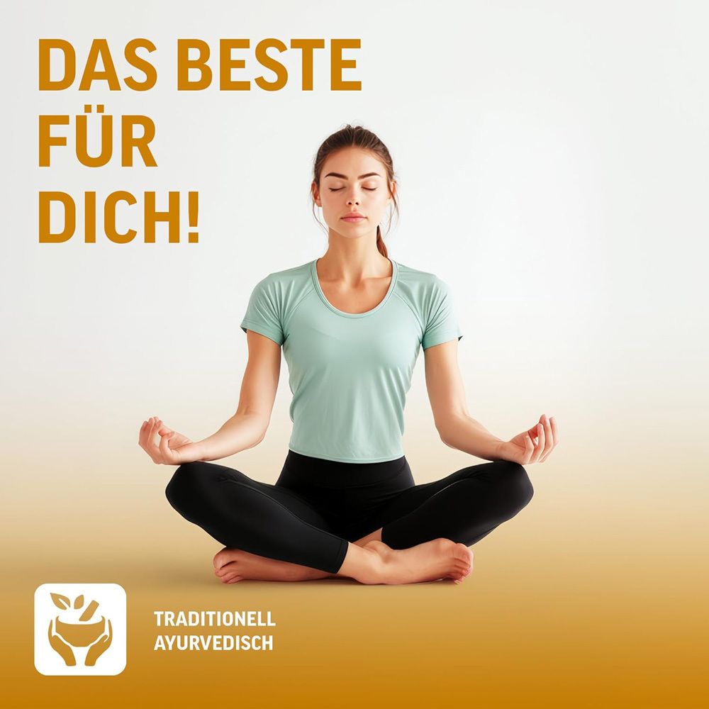 Frau in Yoga-Pose. Text: Das Beste für Dich! Traditionell Ayurvedisch.