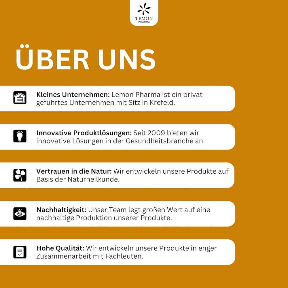 Infografik: Über uns. Lemon Pharma. Innovative Produktlösungen. Vertrauen in die Natur. Nachhaltigkeit. Hohe Qualität.
