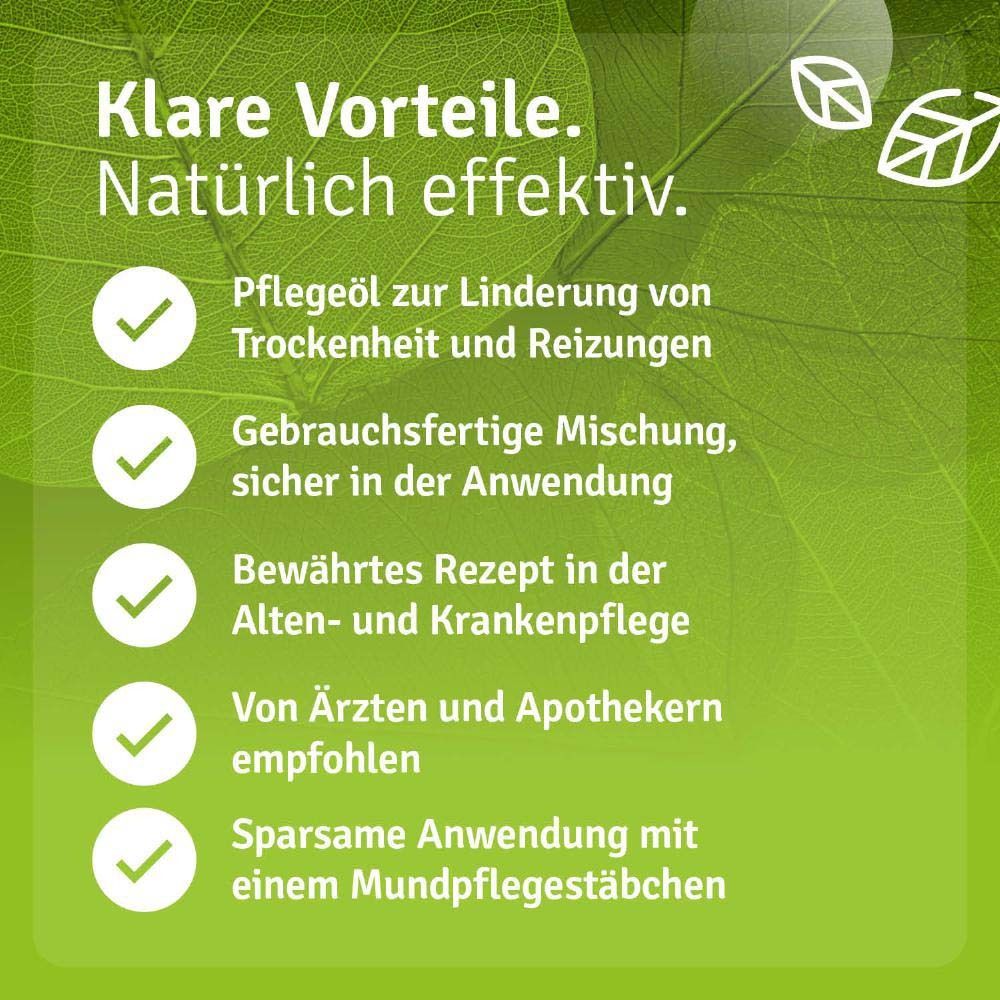 Produktflasche mit Vorteilen: Pflegeöl, sichere Anwendung, bewährtes Rezept, empfohlen von Ärzten und Apothekern.