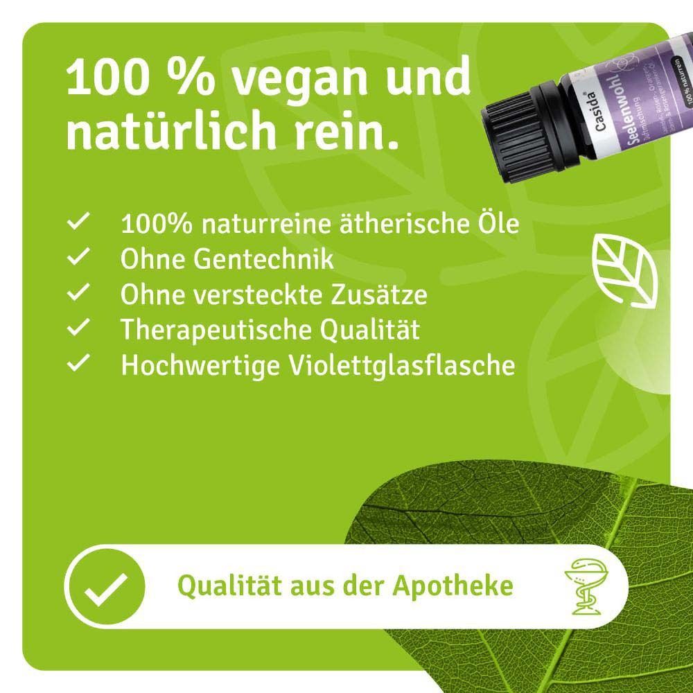 Produktflasche mit grünen Icons. 100% naturreine ätherische Öle, ohne Gentechnik, hochwertige Violettglasflasche.