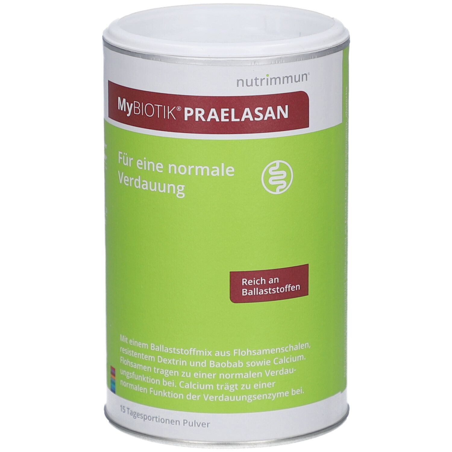 Zylindrische Dose mit weißem Deckel. Aufschrift: MyBiotik Praelasan, Für eine normale Verdauung. Grün-weißer Hintergrund. Reich an Ballaststoffen.