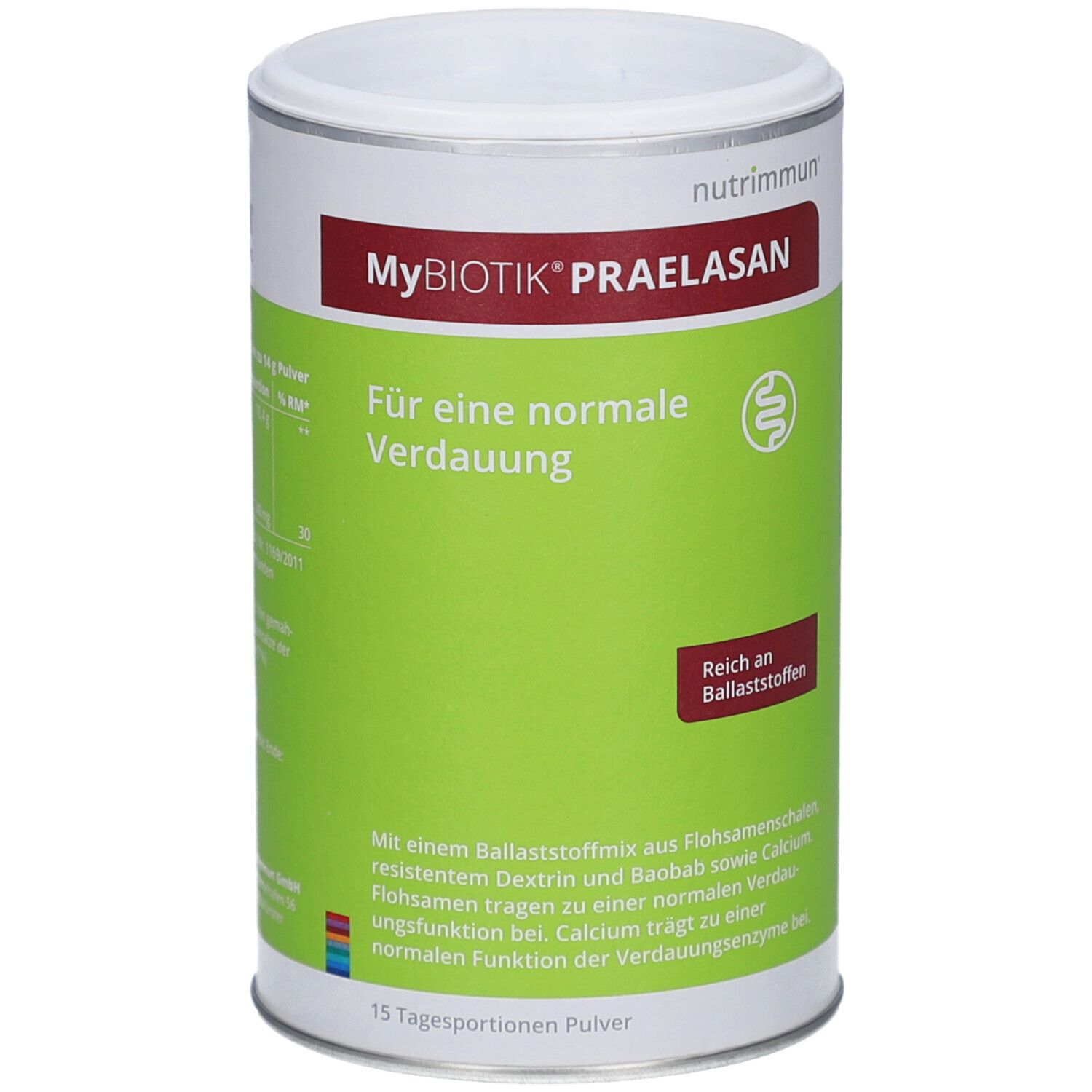 Zylindrische Dose mit weißem Deckel. Aufschrift: MyBiotik Praelasan, Für eine normale Verdauung. Grün-weißer Hintergrund. Reich an Ballaststoffen.