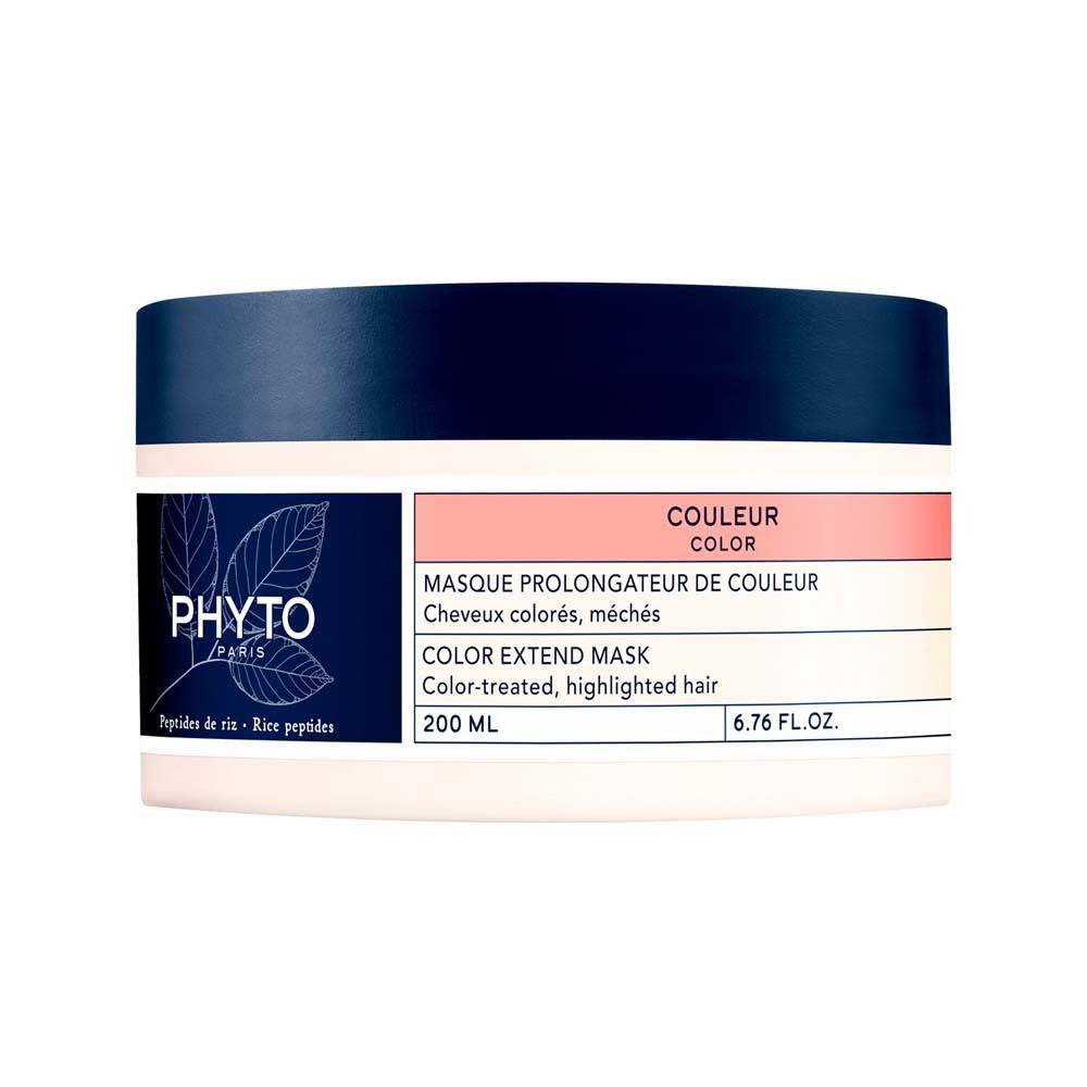 Runde Dose mit blauem Deckel. Aufschrift PHYTO PARIS und Produktinformationen. 200 ml. Für coloriertes Haar.
