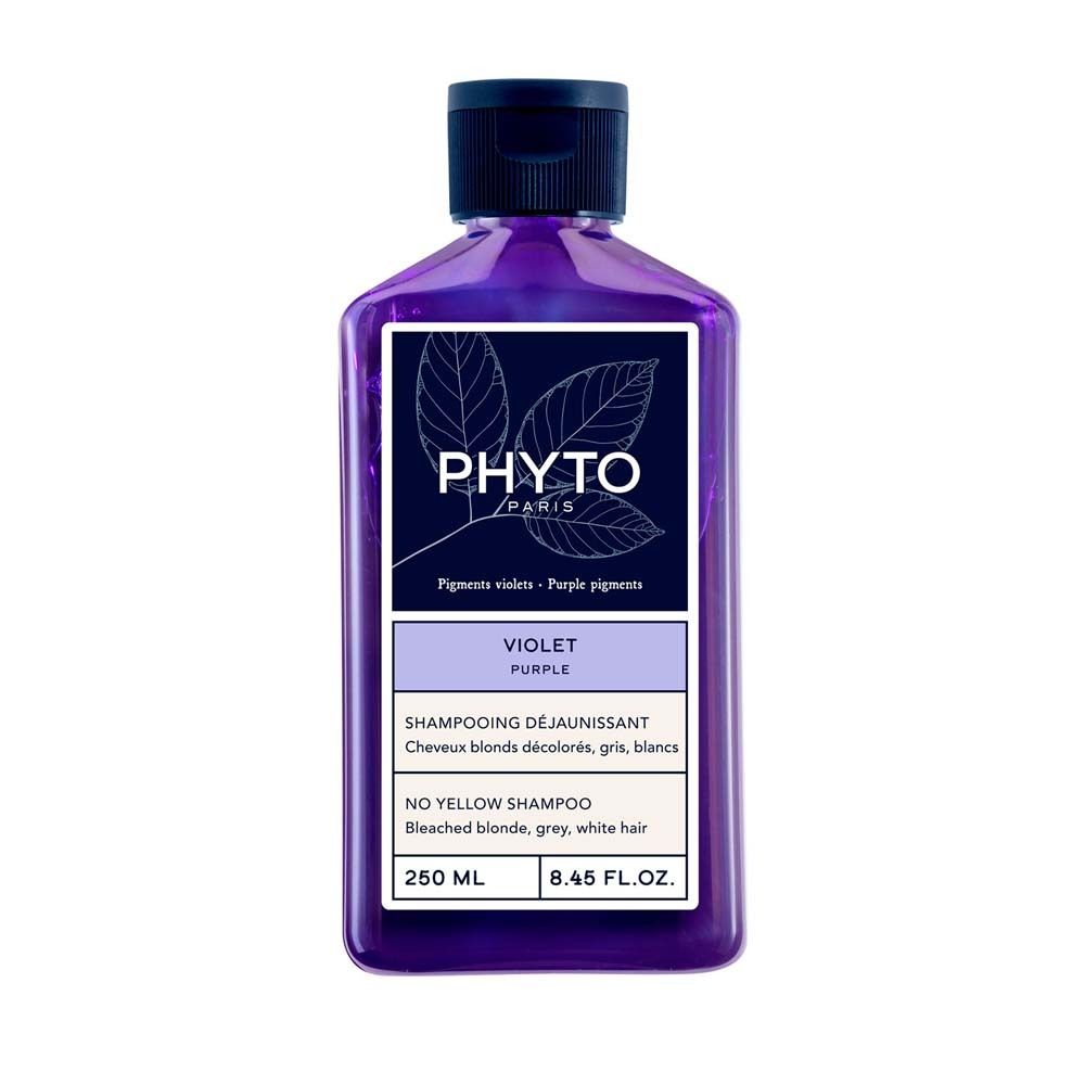 Violettes Shampoo von PHYTO PARIS. Flasche mit lila Etikett. Text: Violet Purple, No Yellow Shampoo. 250 ml.