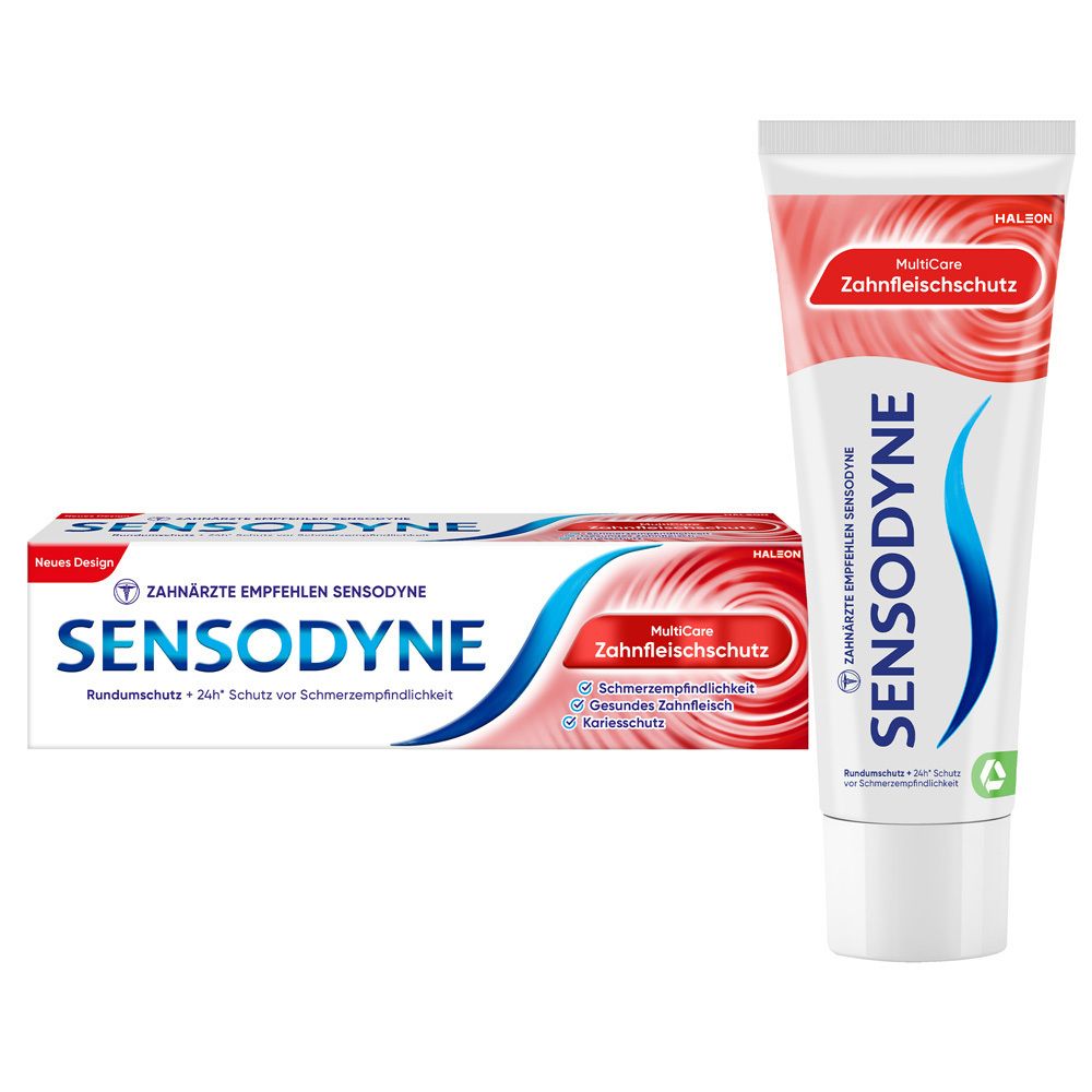 Zahnpasta-Tube und -Verpackung. Tube und Schachtel. Weiß, rot und blau. Aufschrift: Sensodyne, MultiCare Zahnfleischschutz.