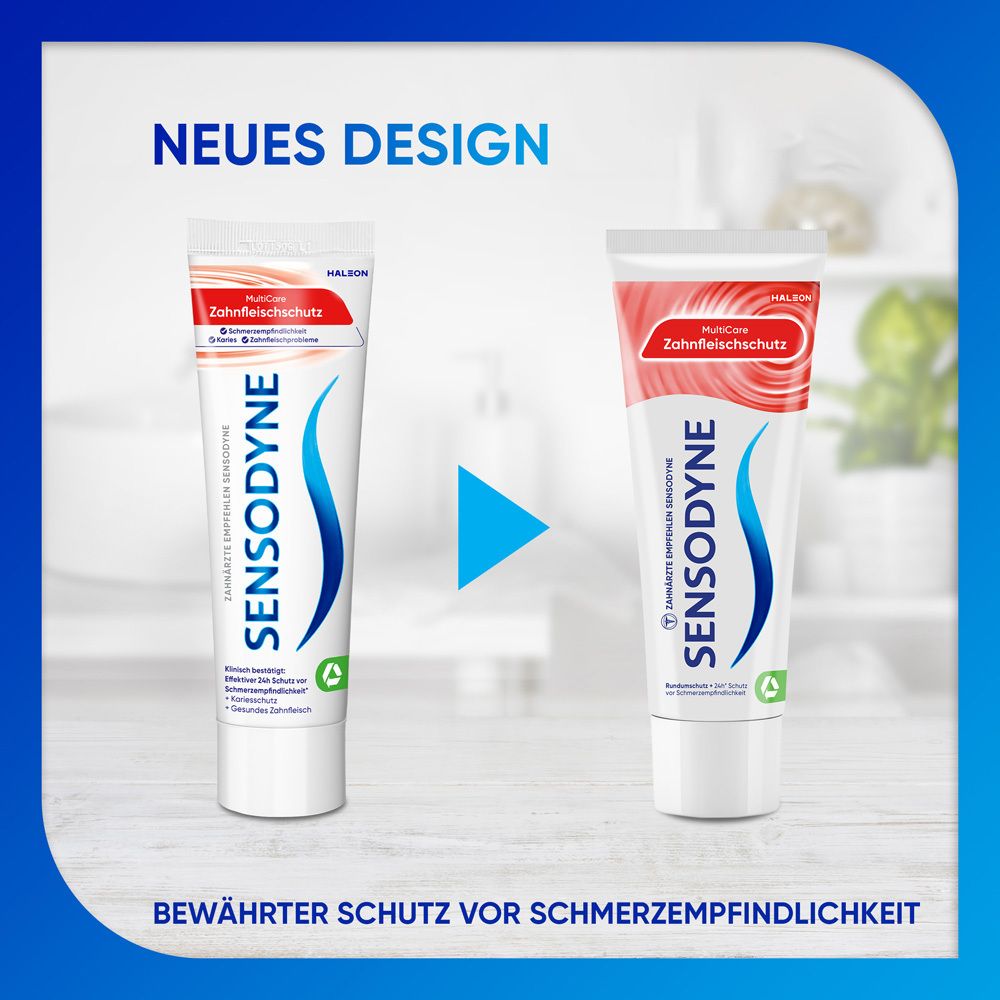 Zahnpasta-Tuben. Zwei Tuben. Weiß, rot und blau. Aufschrift: Sensodyne, MultiCare Zahnfleischschutz. Neues Design.