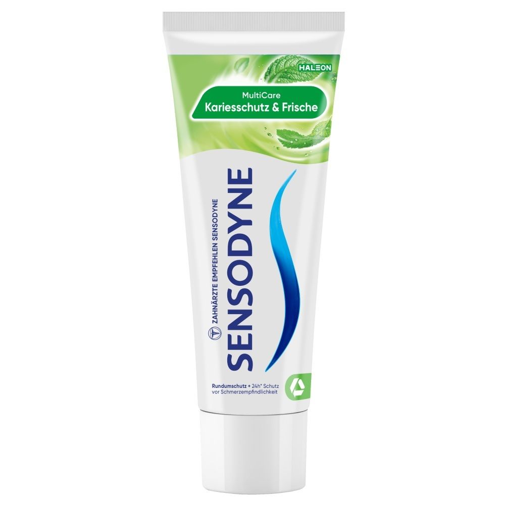 Sensodyne Zahnschmelzschutz & Frische Zahnpasta. Umkarton und Tube mit grünen Akzenten.