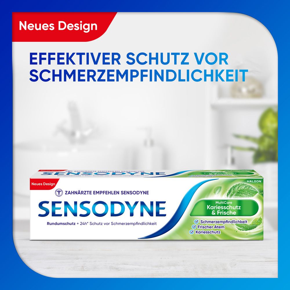 Zahnpasta-Tube Sensodyne MultiCare Kariesschutz & Frische. Weiß, blau und grün. Text auf blauem Hintergrund.