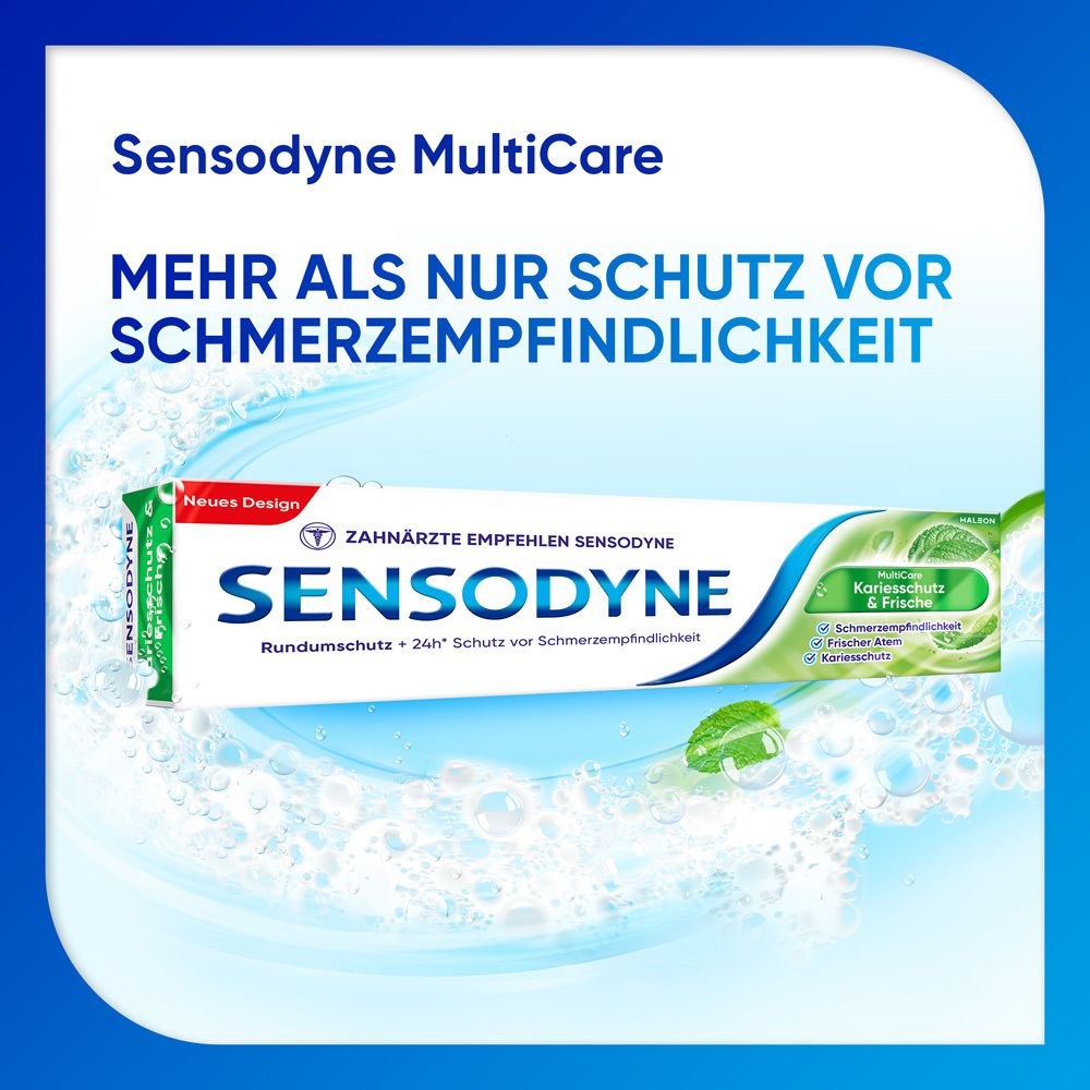 Zahnpasta-Tube Sensodyne MultiCare. Weiß, blau und grün. Hintergrund mit Blasen und Blättern. Text.