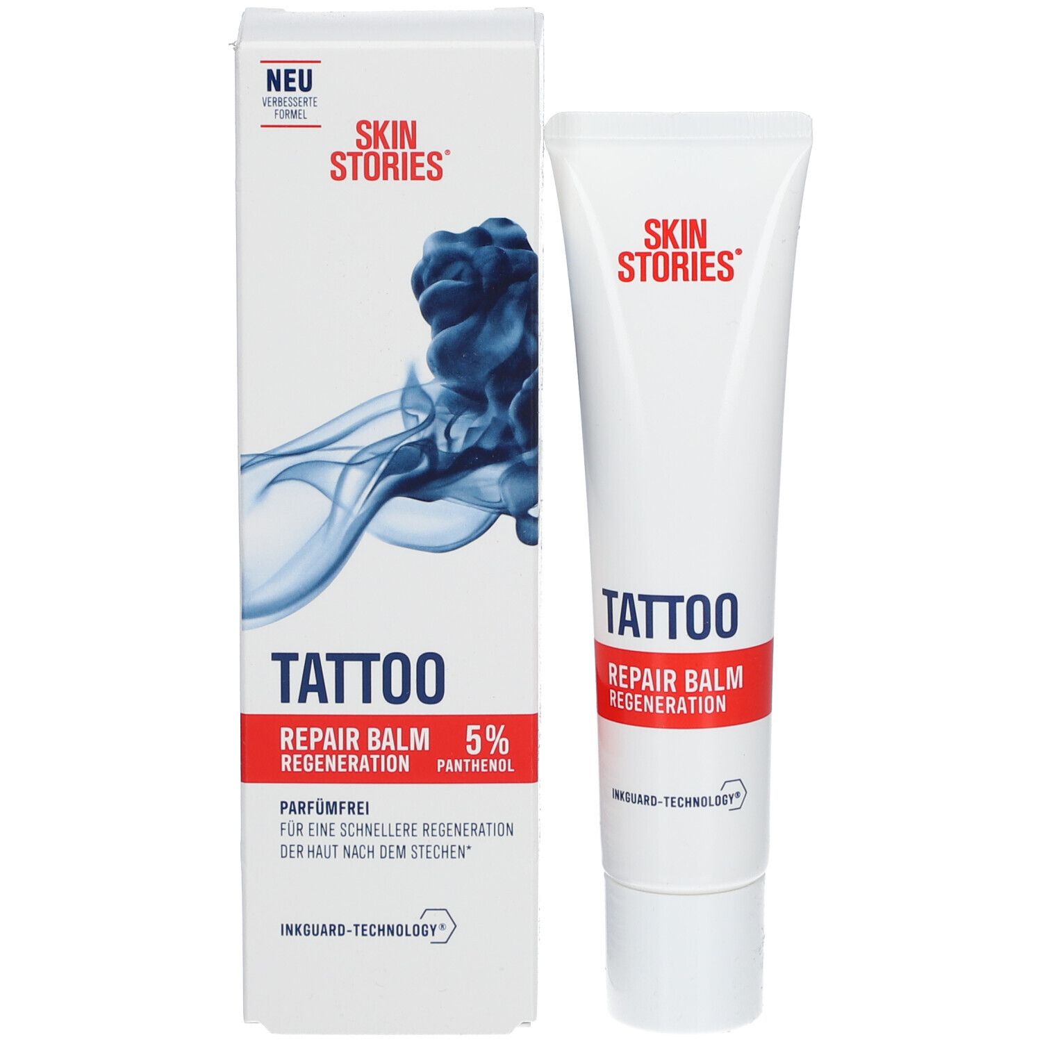 Produktverpackung und Tube. SKIN STORIES TATTOO REPAIR BALM. 5% Panthenol. Mit Verpackung und Tube.