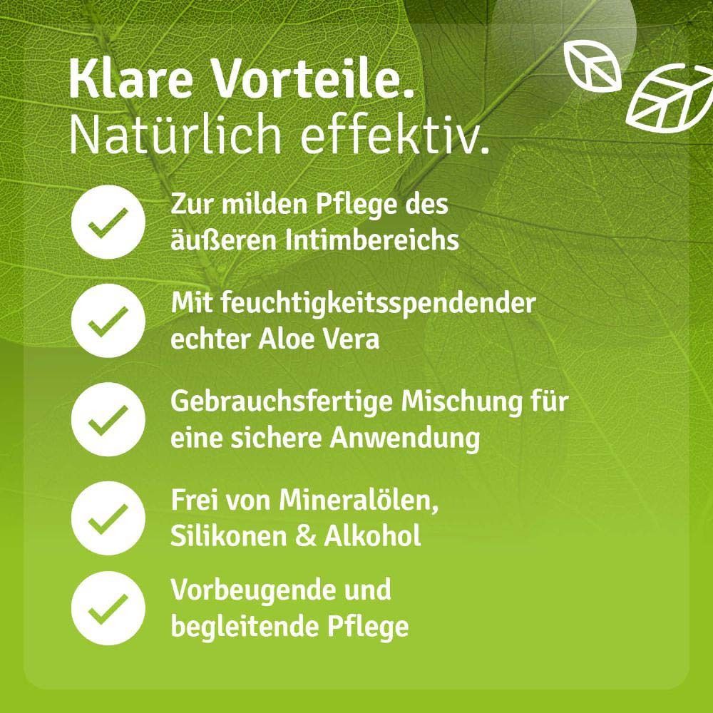 Text: Zur milden Pflege des äußeren Intimbereichs. Mit feuchtigkeitsspendender echter Aloe Vera. Frei von Mineralölen, Silikonen & Alkohol.