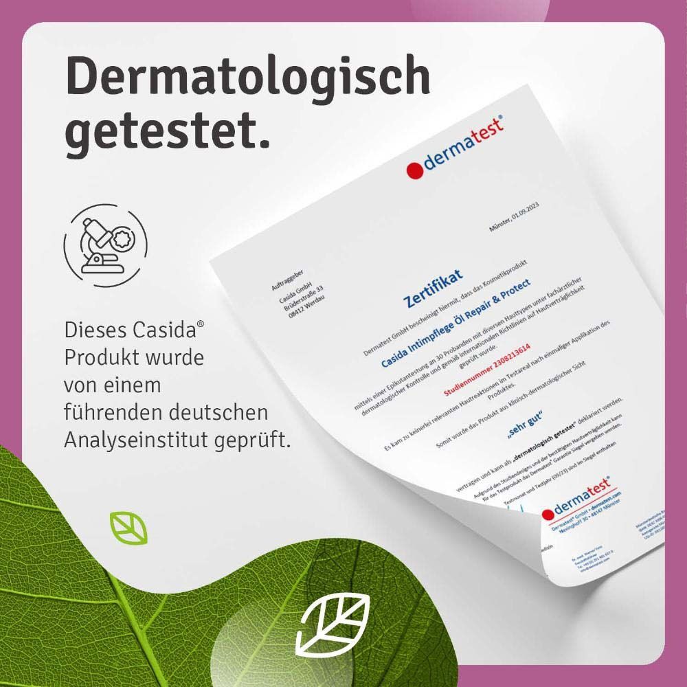 Zertifikat von dermatest. Text: Dieses Casida® Produkt wurde von einem führenden deutschen Analyseinstitut geprüft.