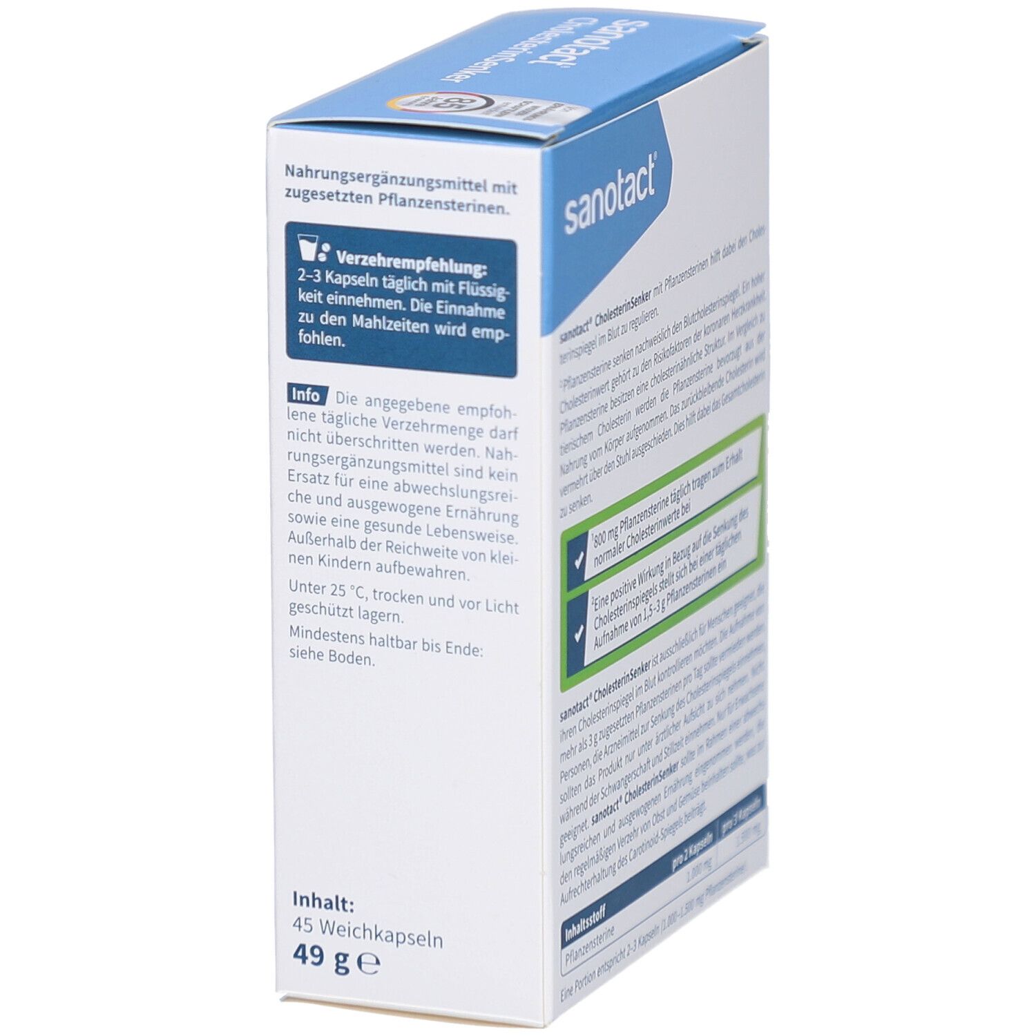 Verpackung von sanotact® Cholesterin Senker. Informationen zur Einnahme und Inhaltsstoffe. Enthält 45 Weichkapseln.
