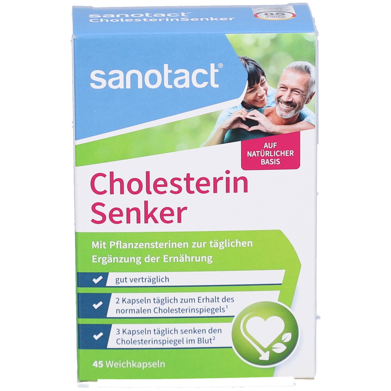 Vorderansicht der Verpackung von sanotact® Cholesterin Senker. Blaue, weiße und grüne Verpackung. Enthält 45 Weichkapseln.