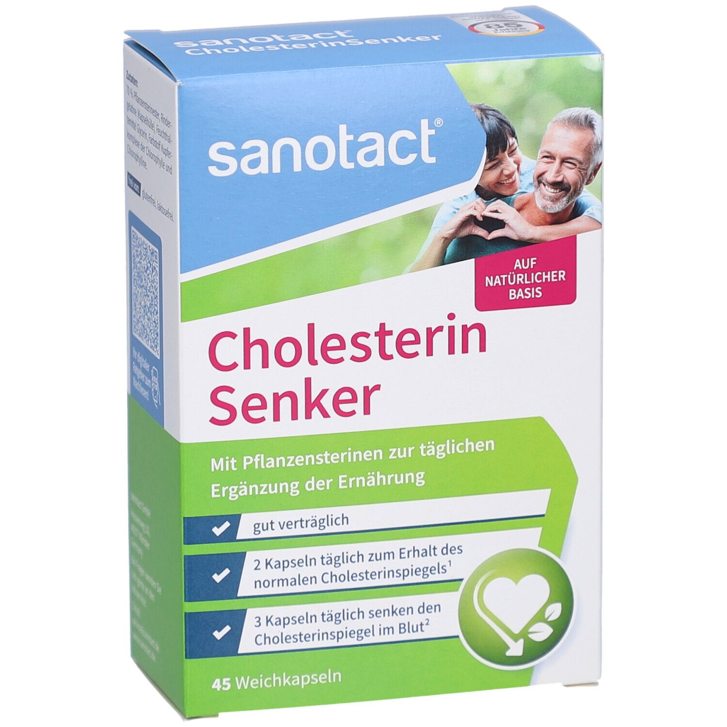 Vorderansicht der Verpackung von sanotact® Cholesterin Senker. Blaue, weiße und grüne Verpackung. Enthält 45 Weichkapseln.