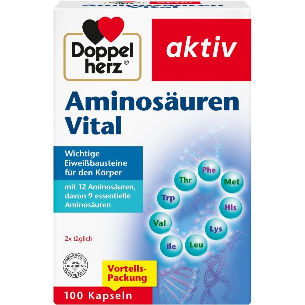 Doppelherz aktiv Aminosäuren Vital. Packung mit 100 Kapseln. Enthält 12 Aminosäuren, davon 9 essentiell. Mit Herz-Logo.
